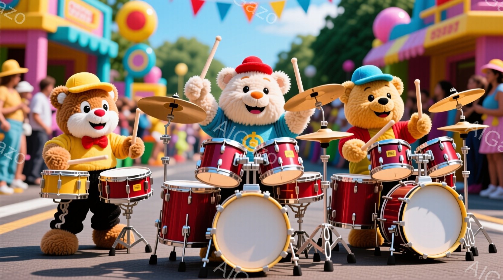 ドラムセットを演奏する3匹の大きなクマのキャラクターが写っています。彼らはそれぞれ赤いベストと黒いズボンを着用し、楽しそうな表情でドラムスティックを振るっています。背景にはカラフルな建物と人々が見え、まるでパレードやフェスティバルのような賑やかな雰囲気です。