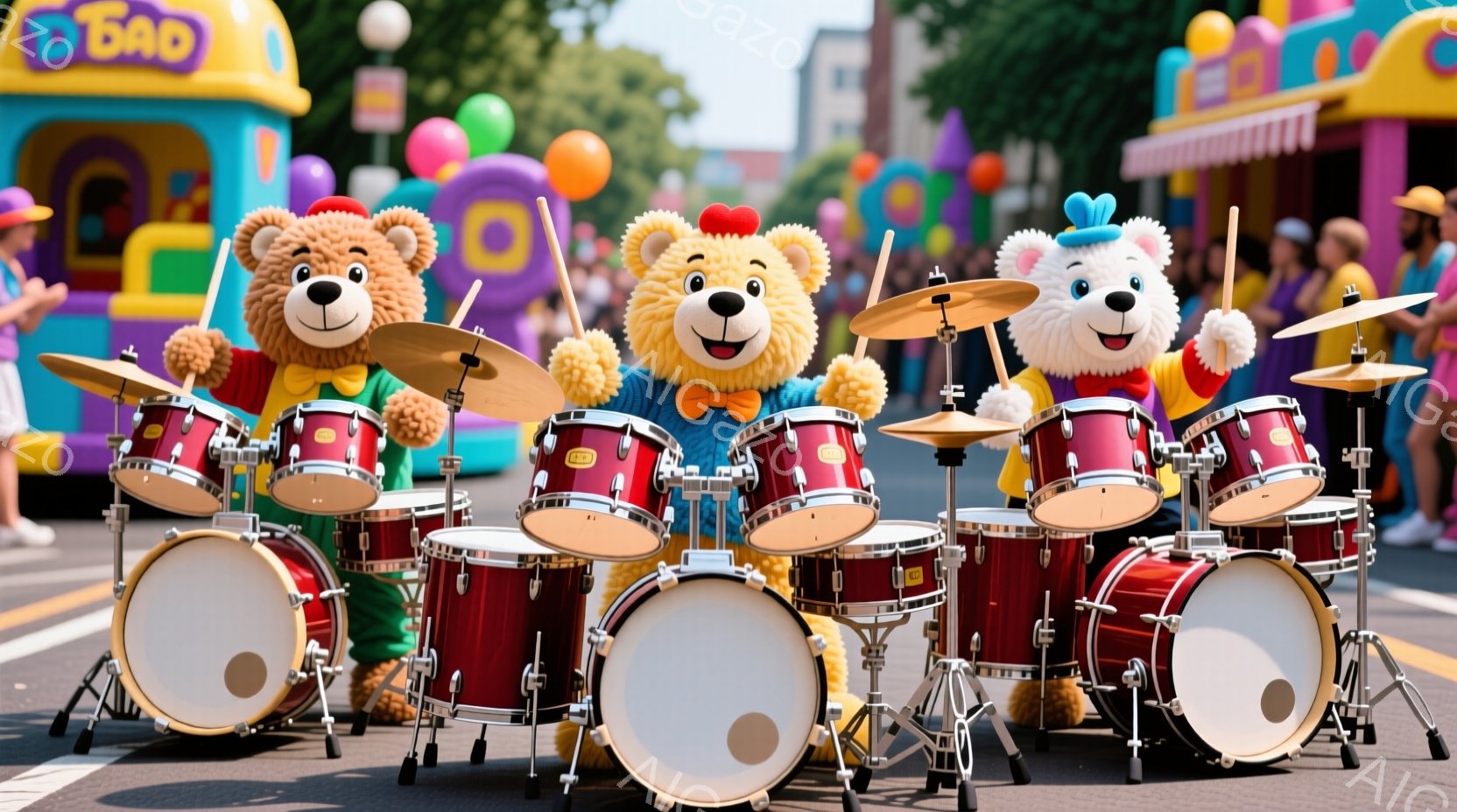 鮮やかな背景に、３匹の大きなクマのキャラクターがドラムセットを演奏している様子が描かれています。クマたちはそれぞれ異なる色の服を着ており、笑顔でドラムを叩くポーズをとっています。背景にはカラフルな建物や風船が見え、お祭りやイベントのような賑やかな雰囲気が漂っています。