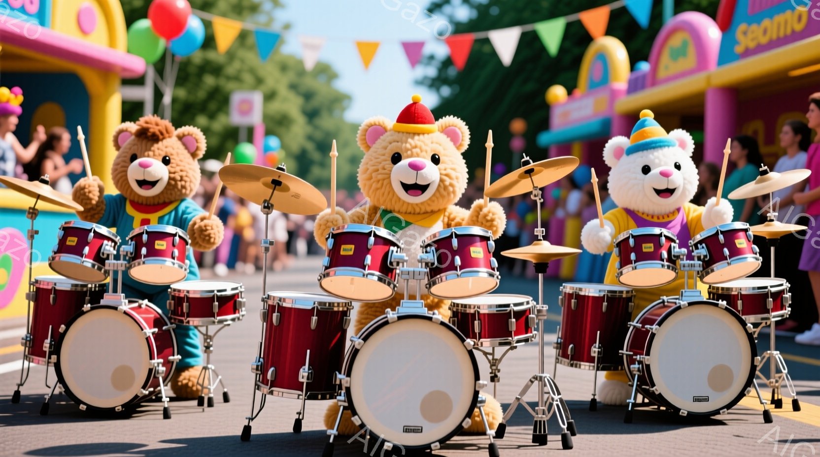 三匹の大きなクマの着ぐるみが、赤いドラムセットを演奏している様子が写っています。クマたちは皆、笑顔でドラムスティックを握り、活気に満ちたパフォーマンスを繰り広げています。背景にはカラフルなインフレータブルの遊具や観客が見え、晴れた日の屋外イベントのような、陽気で楽しい雰囲気が漂っています。