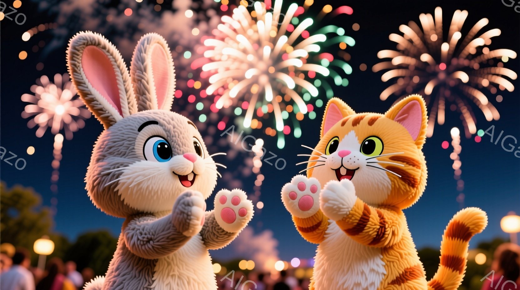明るい夜空を背景に、ふわふわの毛並みのウサギとトラ猫が互いに向かい合って喜んでいます。二匹ともピンク色の足裏を見せ、手を高く上げて楽しそうな表情を浮かべています。背景には花火が上がり、遠くにはぼんやり - AI生成フリー素材