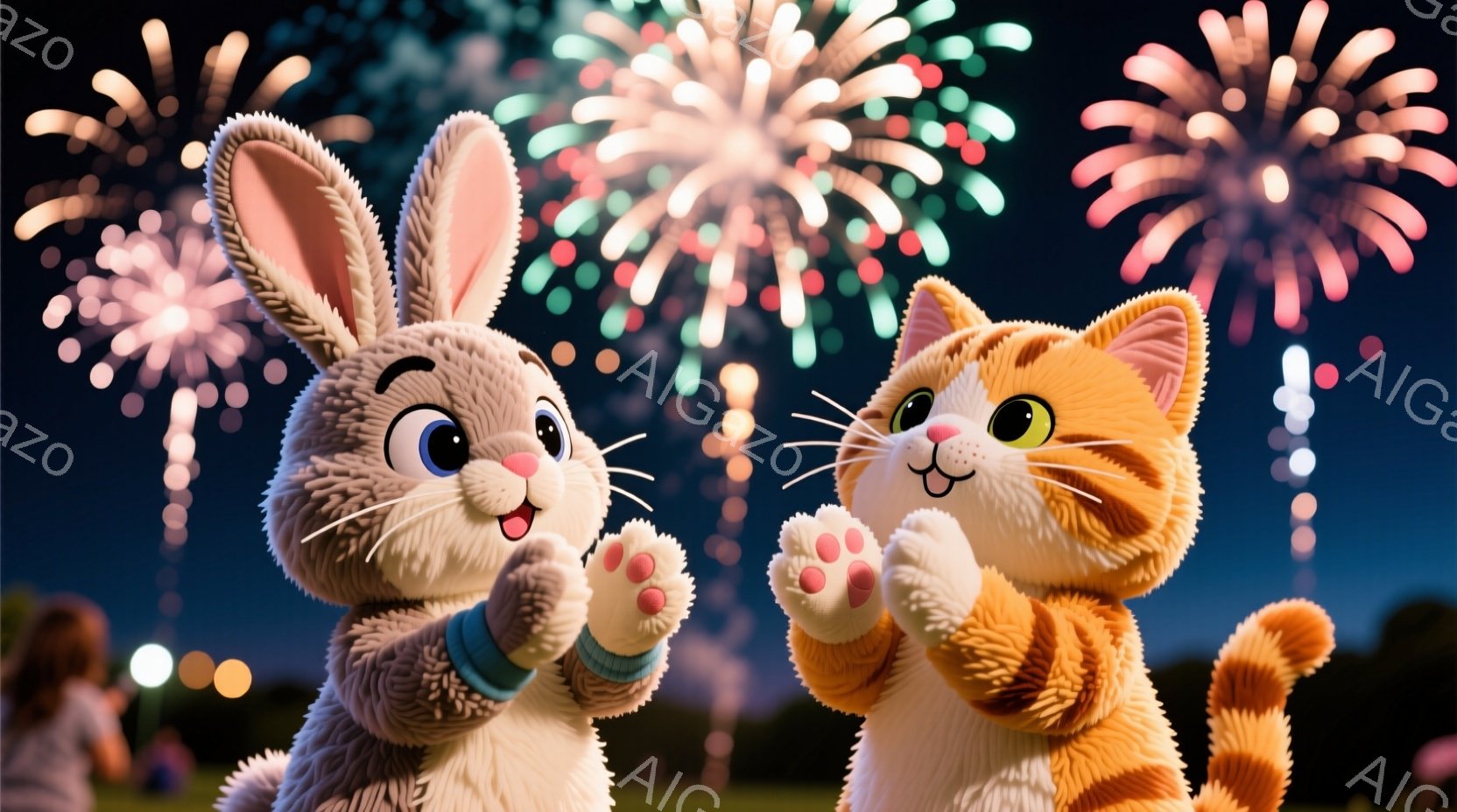鮮やかな花火が夜空を彩る中、可愛らしい茶色のうさぎとオレンジ色の猫が寄り添い、手を高く上げて歓声をあげています。うさぎは水色のリストバンドをつけており、猫も同様に楽しそうな表情をしています。背景には緑の芝生とぼんやりとした人影が見え、お祭りのような活気あふれる雰囲気です。