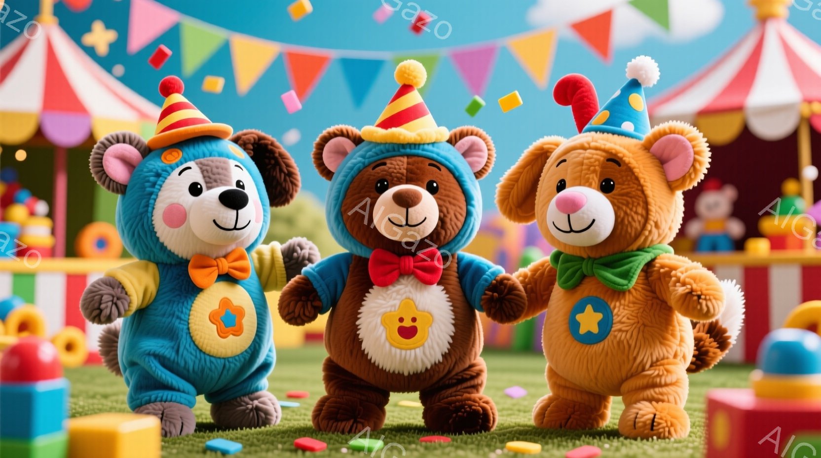 三匹のテディベアが、カラフルなパーティーの背景の前で手をつないで立っています。それぞれ異なる色のオーバーオールと、頭にはパーティーハットをかぶっており、顔には喜びの表情が浮かんでいます。背景には、スト - AI生成フリー素材