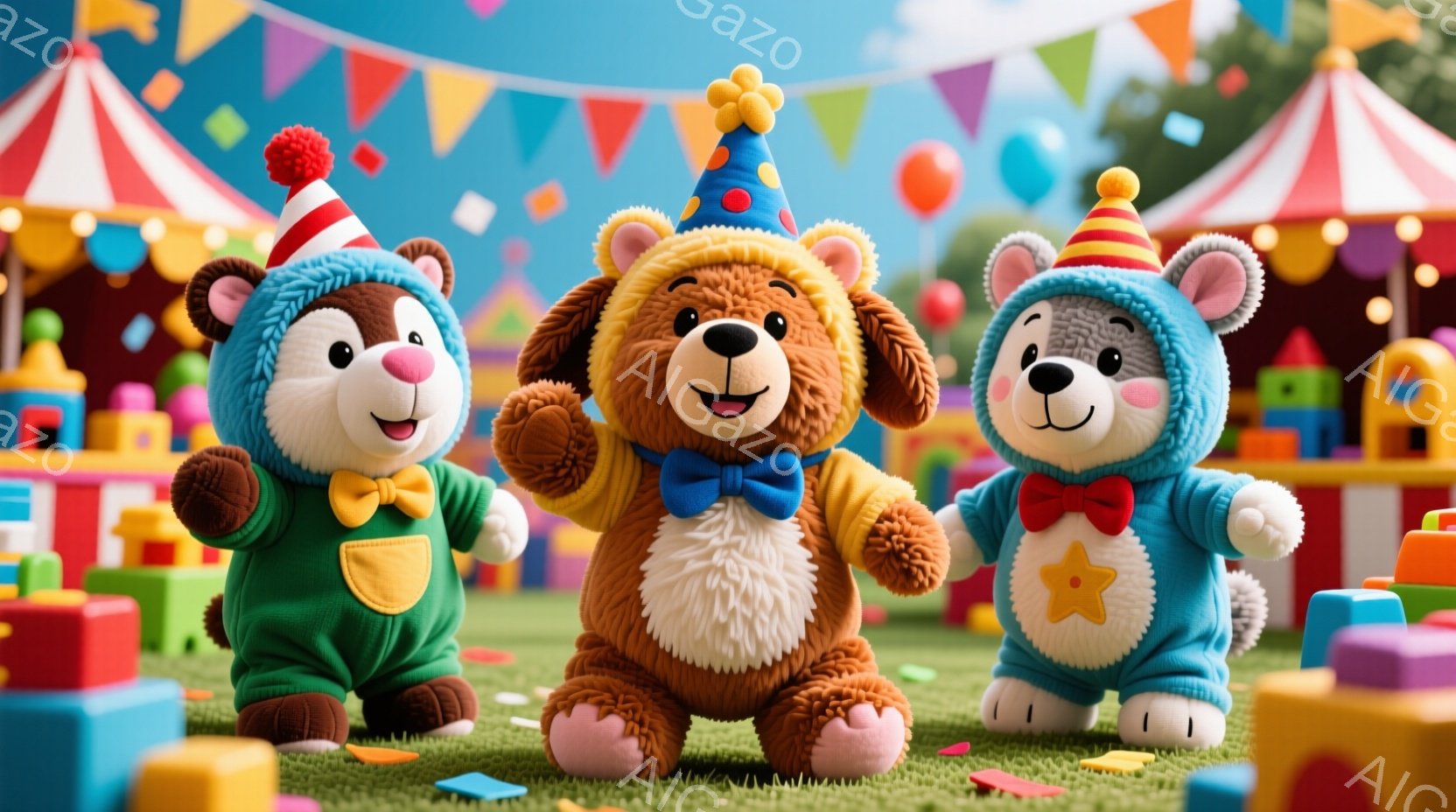 三匹の愛らしいクマのぬいぐるみたちが、カラフルな遊園地の背景を前に立っています。それぞれ緑、黄色、水色のオーバーオールを着ており、頭にはパーティーハットをかぶっています。遊園地にはブロックのおもちゃやカラフルなストライプのテントがあり、全体的に明るく楽しい雰囲気が漂っています。