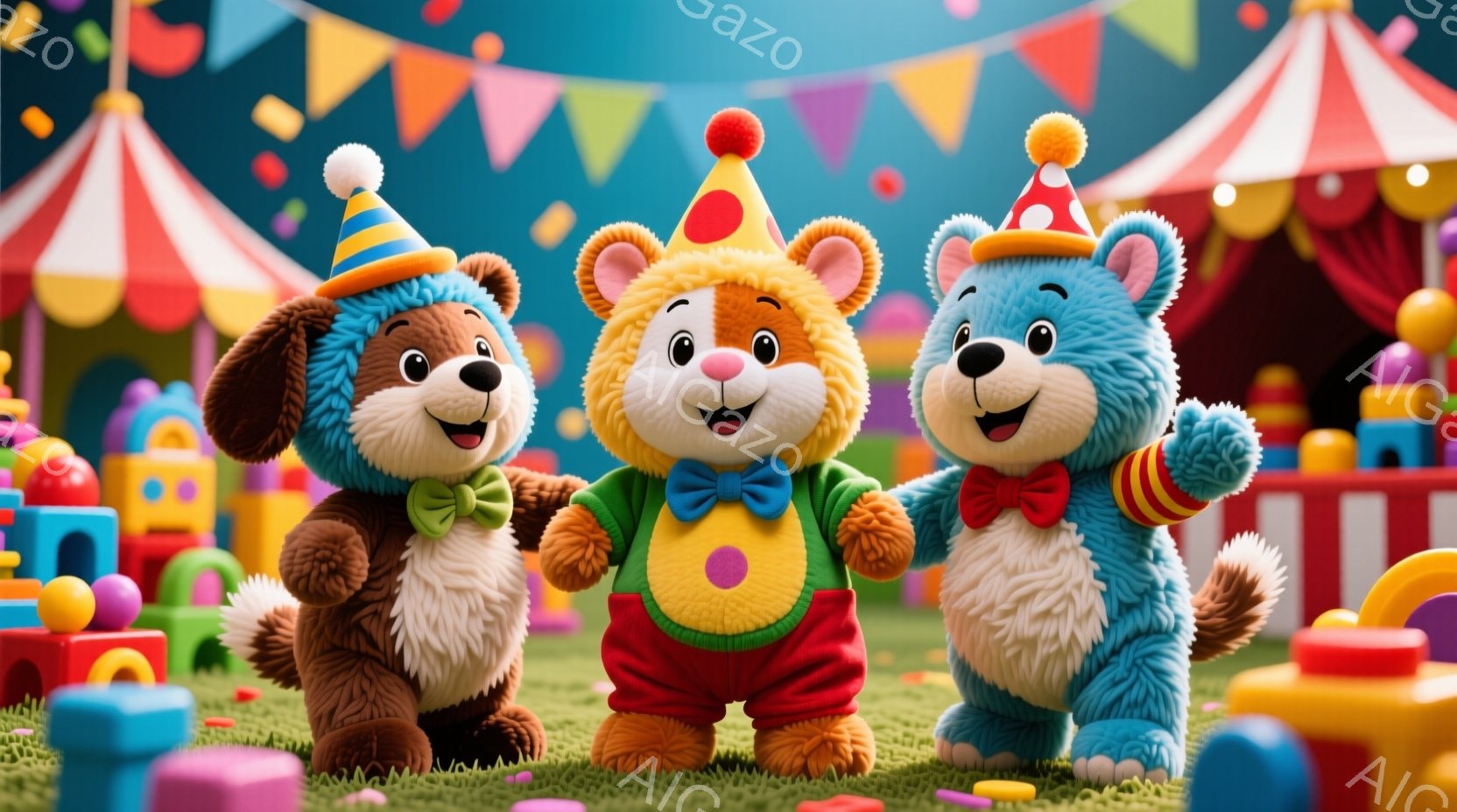 三匹の愛らしいテディベアが、それぞれ異なる色の服を着て、お祝いの帽子を被っています。茶色のクマは緑のバンダナとリボンを、青いクマは赤い縞模様のセーターとリボンを、黄色いクマは赤と黄色の服とリボンを身に - AI生成フリー素材