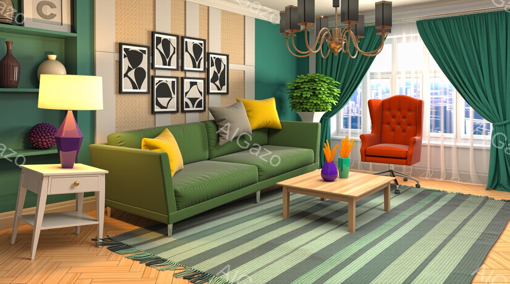 鮮やかな緑色のソファが部屋の中心に置かれ、その上には黄色と灰色のクッションが置かれています。部屋の壁は明るい緑色で、幾何学模様の絵画が飾られています。木製の床とストライプのカーペットが部屋の温かみを演 - AI生成フリー素材