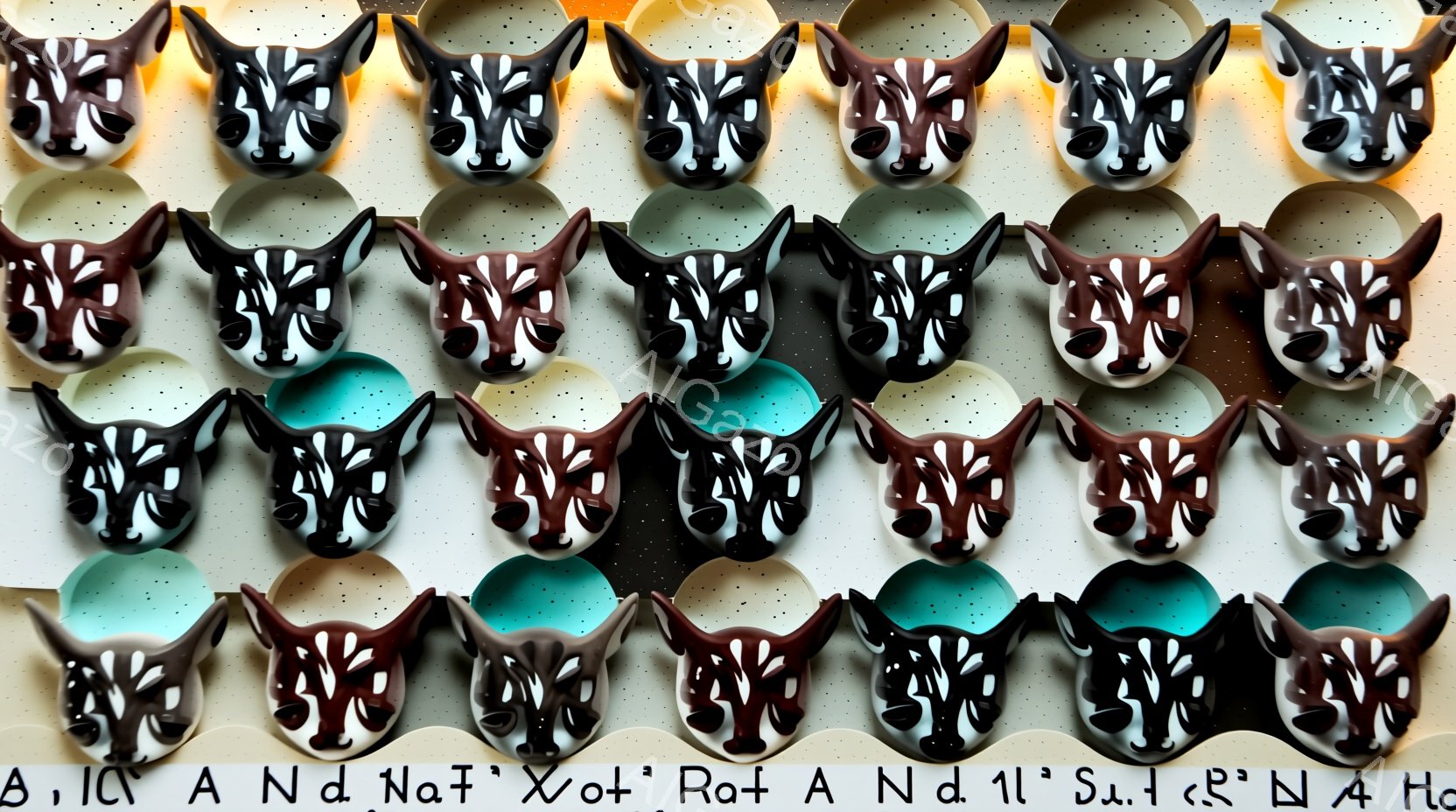 複数のユニークな動物のマスクが規則的に配置されたパターンを示しています。各マスクは、特徴的な鼻と口の形状を持ち、視覚的に面白い表情を捉えています。背景は明るい色合いで、マスクの複雑なデザインを際立たせており、全体的にポップで現代的な印象を与えます。