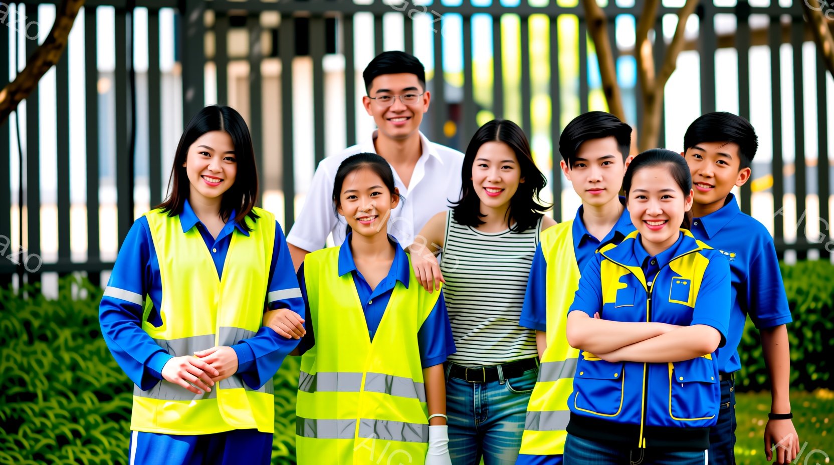 紺色の作業着に黄色の蛍光ベストを着用した若い男女6人が、背景の緑豊かな植物の前で整列して立っています。彼らは皆、カメラに向かって笑顔でポーズをとっており、特に中央の女性は少しだけ前に出て、他のメンバーを囲んでいます。背景には白いフェンスのような構造物があり、晴天で明るい日差しが差し込んでいる様子が伺えます。