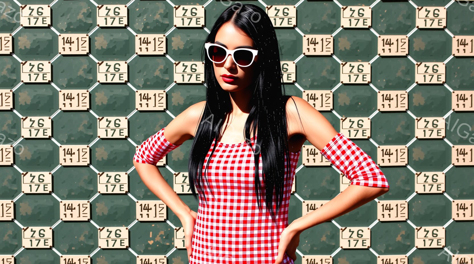 長い黒髪を背中に垂らし、赤いチェック柄のシャツを着た女性が写っている。彼女はサングラスをかけ、少し口を開けており、自信に満ちた表情をしている。背景は緑色のメッシュフェンスで、全体的に明るくカジュアルな - AI生成フリー素材