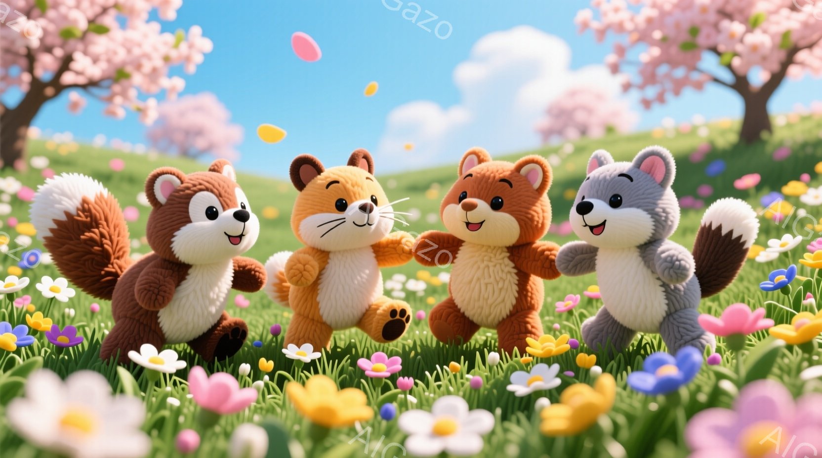 ４匹のかわいいリスが花畑で手をつないで踊っている様子が描かれています。彼らはそれぞれ茶色、オレンジ、明るい茶色、灰色で、ふわふわとした毛並みと、幸せそうな笑顔を浮かべています。背景には、ピンクの花が咲 - AI生成フリー素材