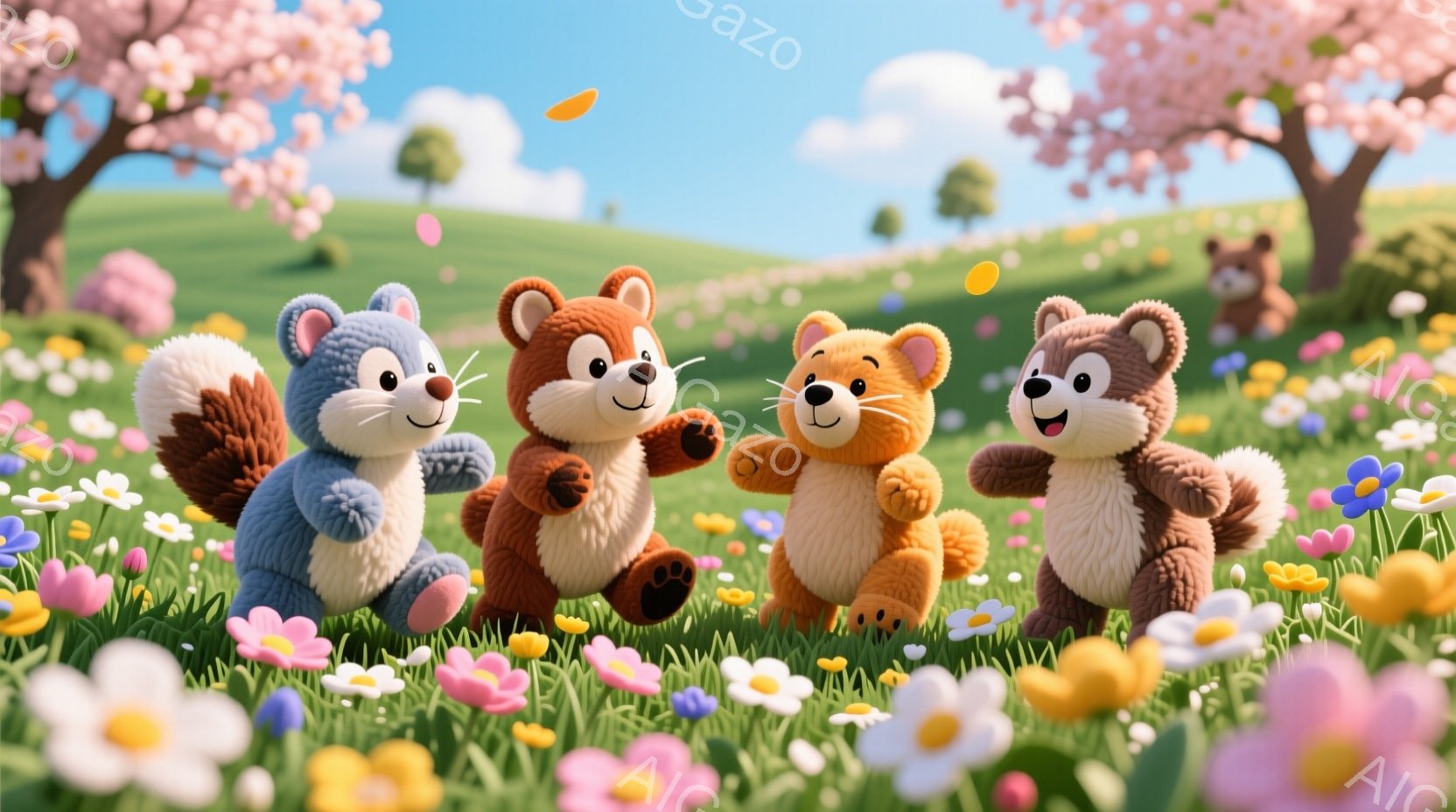 ふわふわとした質感のリスのキャラクターが四匹、花盛りの草原を駆け回っています。それぞれのリスは異なる毛色で、明るい表情で楽しそうに走っています。背景にはピンク色の桜の木が咲き、青空の下、暖かい春の陽気が感じられる、可愛らしく平和な雰囲気です。