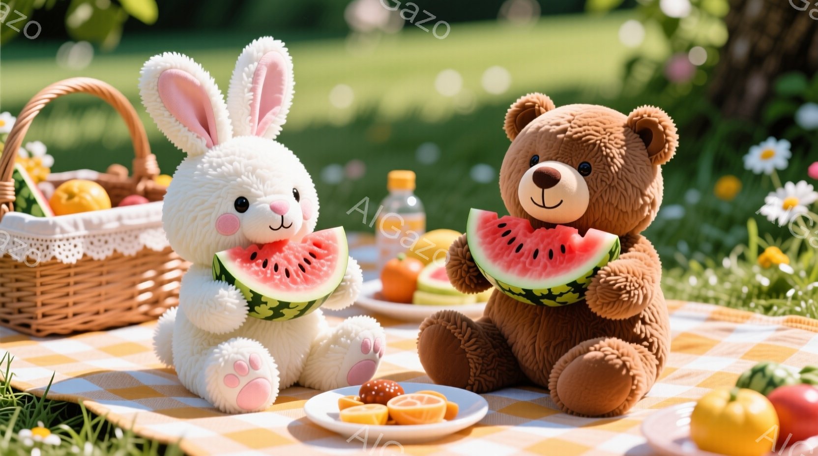 白とピンクのウサギのぬいぐるみと茶色のクマのぬいぐるみが、チェック柄のピクニックブランケットの上に座ってスイカを食べている。背景には緑豊かな草地と花が咲き乱れ、ピクニックバスケットにはオレンジや他の果物が置かれている。全体的に、暖かく、のどかで、可愛らしい雰囲気のピクニックシーンである。