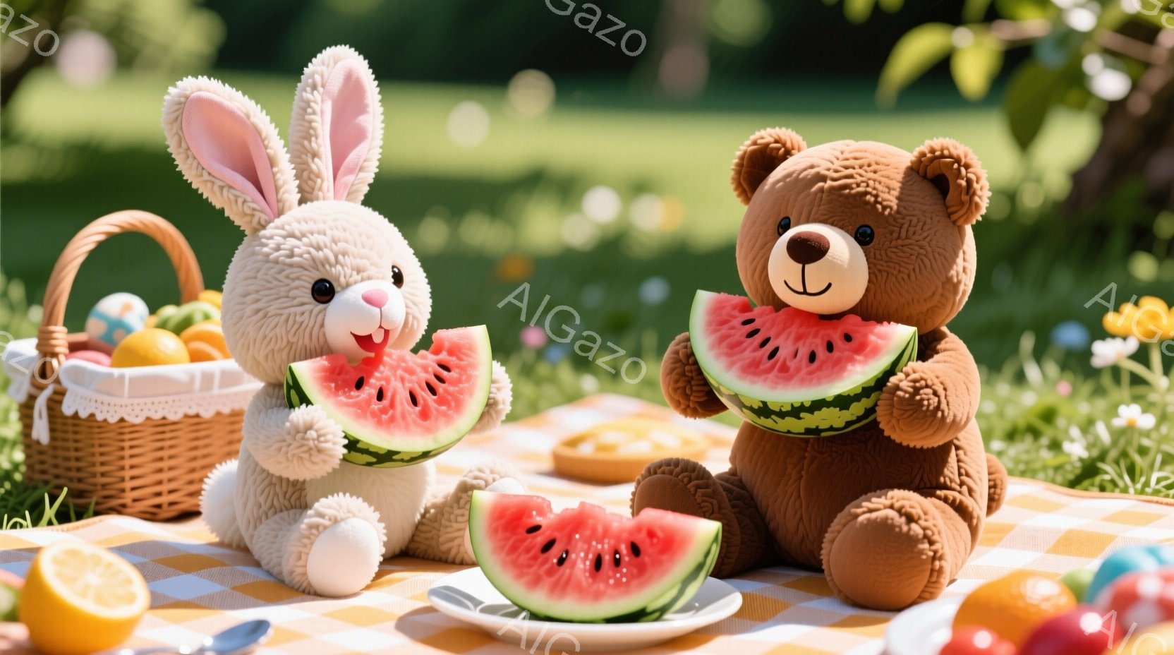 柔らかい毛並みのウサギとクマのぬいぐるみが、ピクニックシートの上でスイカを楽しんでいます。ウサギはピンク色のスイカを嬉しそうに頬張り、クマも同じようにスイカを美味しそうに食べています。背景には緑の草む - AI生成フリー素材