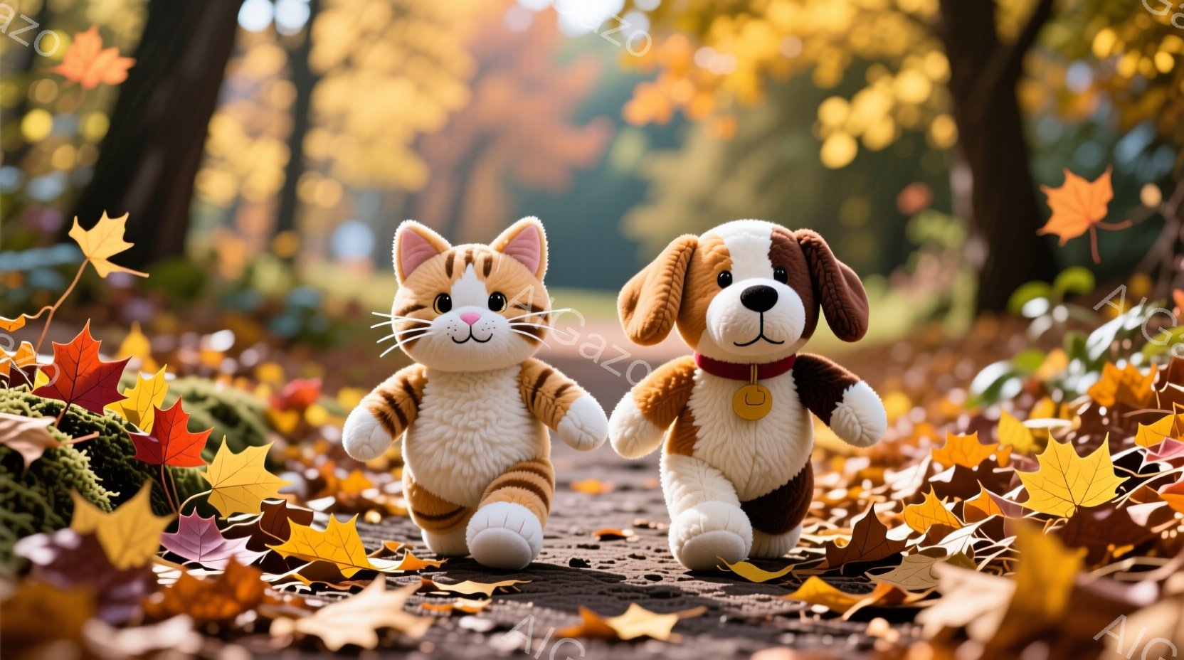 ぬいぐるみのような猫と犬が、落ち葉が散らばる小道を並んで歩いている。猫は茶色の縞模様で、犬は茶色と白の毛並みで、それぞれ小さな金色のペンダントを首につけている。背景には木々と秋らしい色彩が広がり、暖かく穏やかな雰囲気が漂っている。