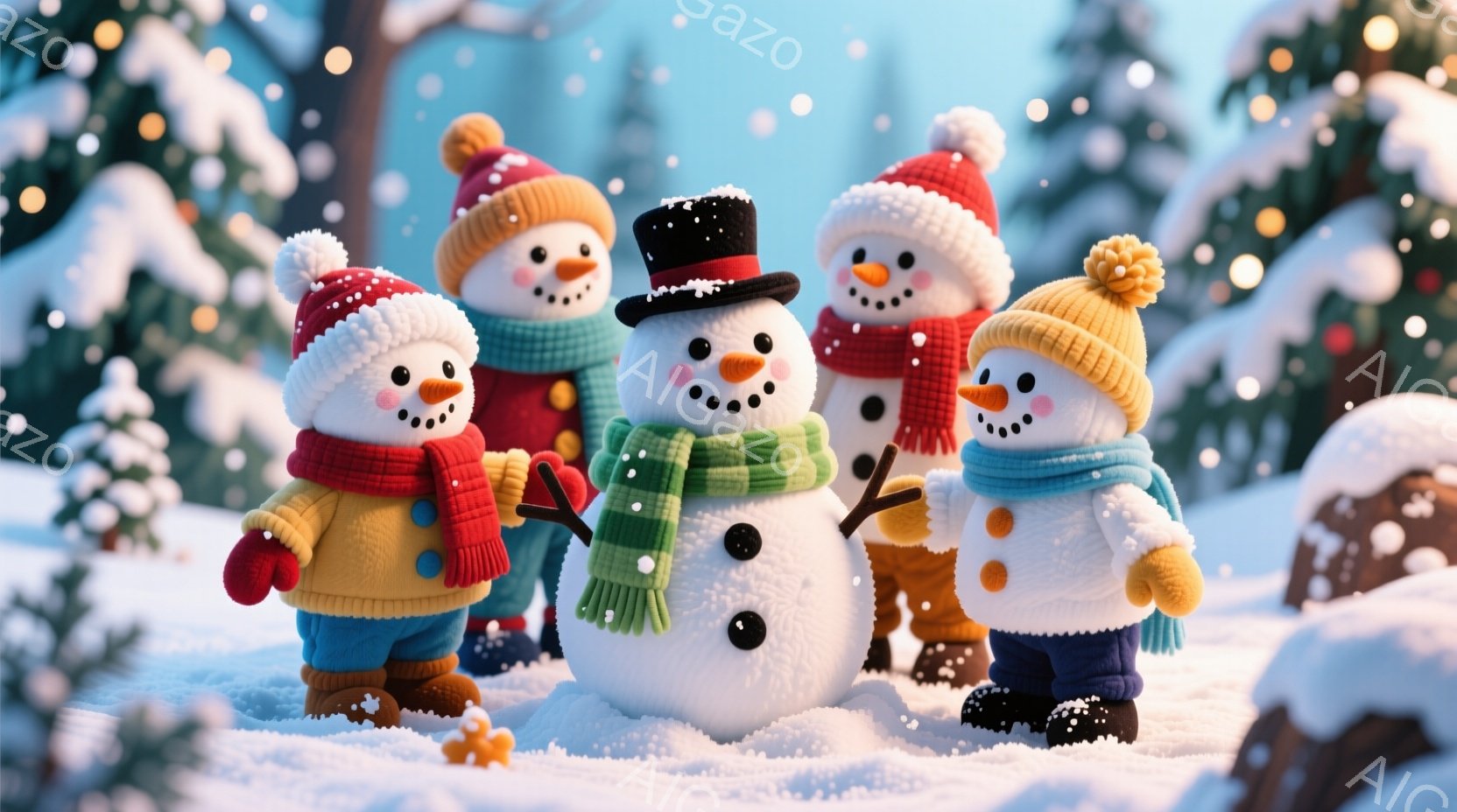 雪景色の中に、可愛らしい雪だるまが四体並んでいます。それぞれ異なる色の帽子とマフラーを身に着け、にっこりと微笑んでいます。背景には雪に覆われた木々があり、全体的に暖かく、ほのぼのとした冬の雰囲気が漂っ - AI生成フリー素材
