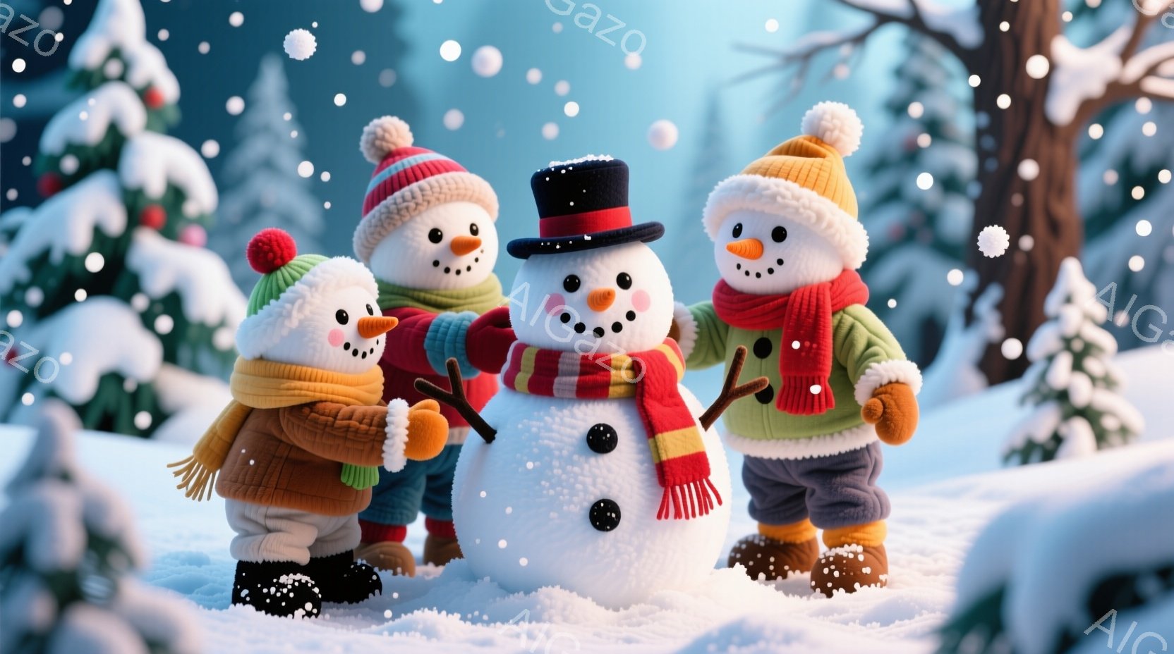 雪景色の中に、可愛らしい雪だるまが３体寄り添って立っています。それぞれ異なる色の帽子とマフラーを巻き、明るい笑顔を見せています。背景には雪をまとった木々が立ち並び、雪が舞う幻想的な冬の雰囲気を醸し出し - AI生成フリー素材