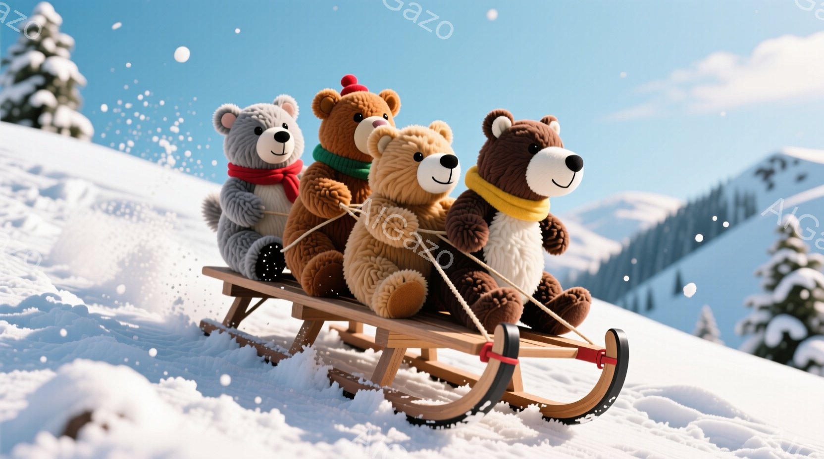 3匹のテディベアが雪の上をそりに乗って滑っている様子が描かれています。それぞれ異なる色の毛並みで、赤いマフラーを巻いており、楽しそうな表情をしています。背景には雪に覆われた山々と針葉樹林が広がり、晴れた冬の日の穏やかな雰囲気を醸し出しています。