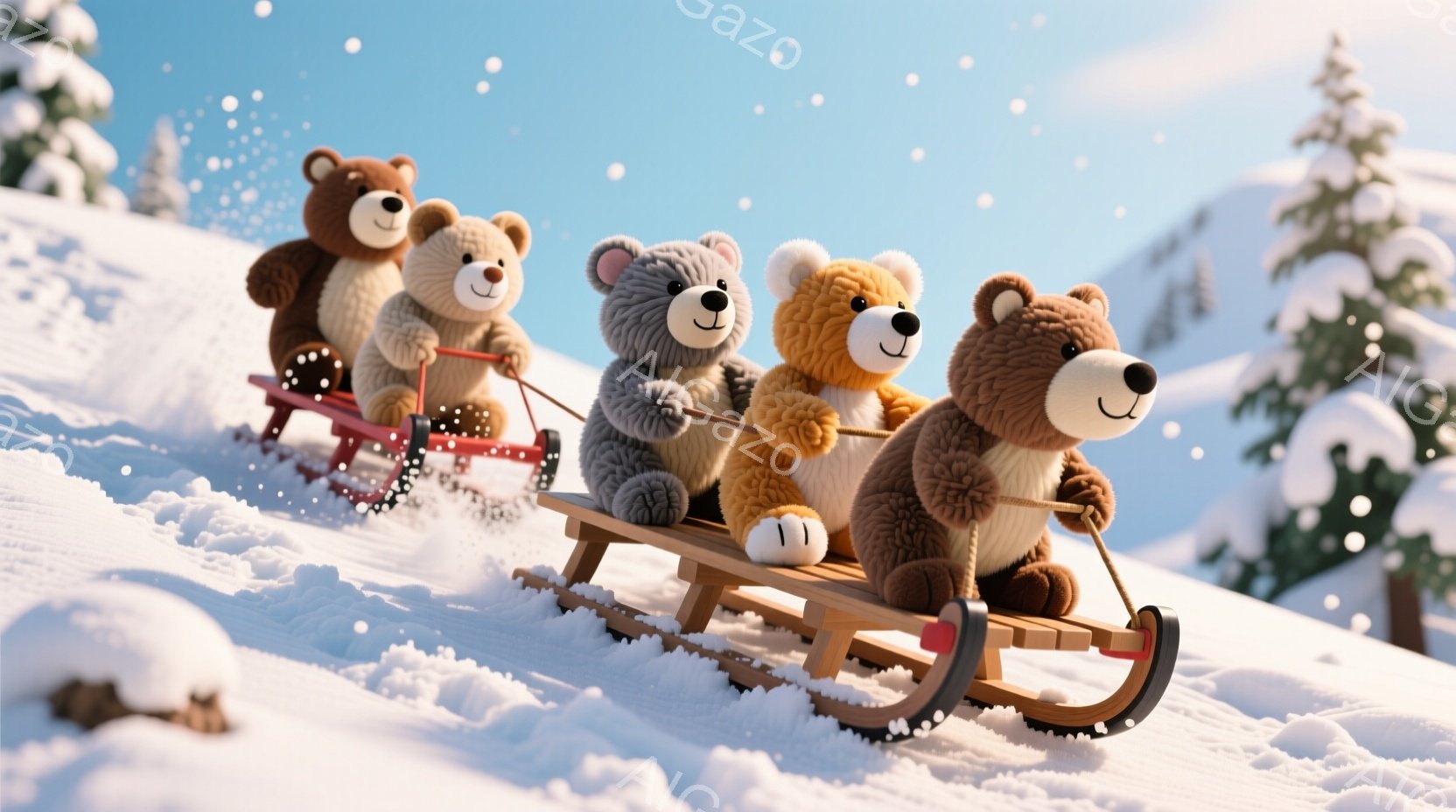 5色のテディベアがスキーを楽しむ冬のシーン。軽心かつ楽しげな表情、赤い靴で押し出し、雪片が空中に舞う。