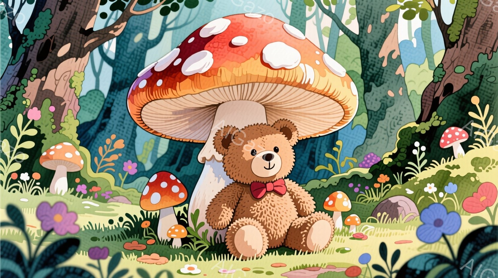 森の中に座っているテディベアを描いています。茶色のふわふわとしたクマは赤いリボンを付け、穏やかな表情を浮かべています。背景には、様々な種類のキノコや花が咲き乱れ、緑豊かな自然の中で、幻想的で平和な雰囲 - AI生成フリー素材