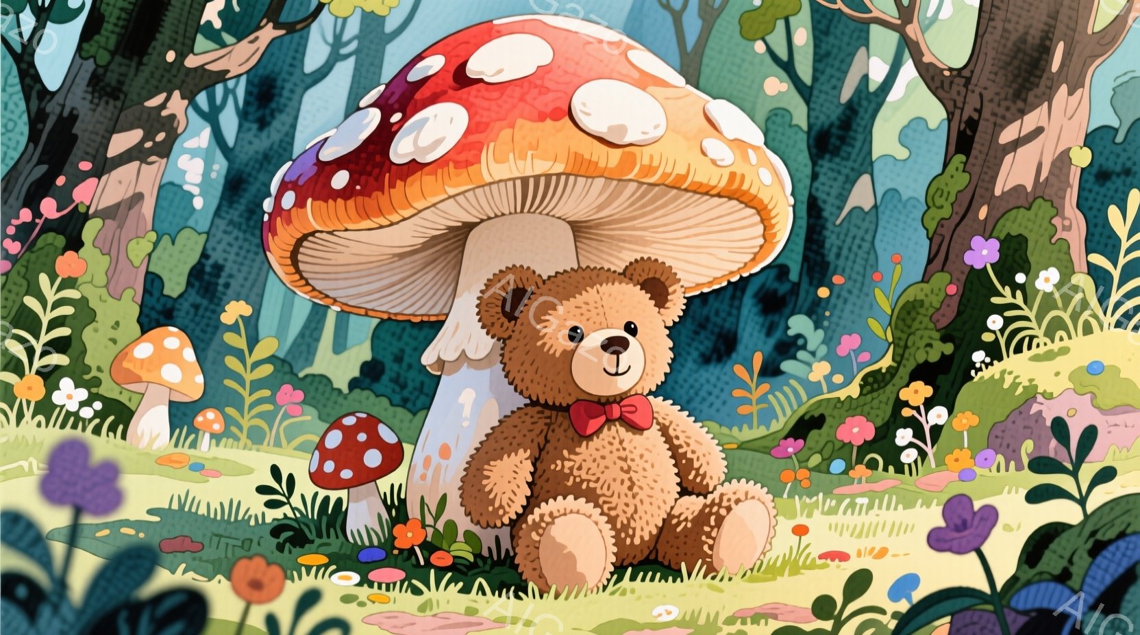 ぬいぐるみのような茶色のクマが、赤い水玉模様の大きなキノコのそばに座っています。クマは赤い蝶ネクタイをつけており、穏やかな表情をしています。背景には様々な色の花々が生い茂り、緑豊かな森の中のファンタジ - AI生成フリー素材