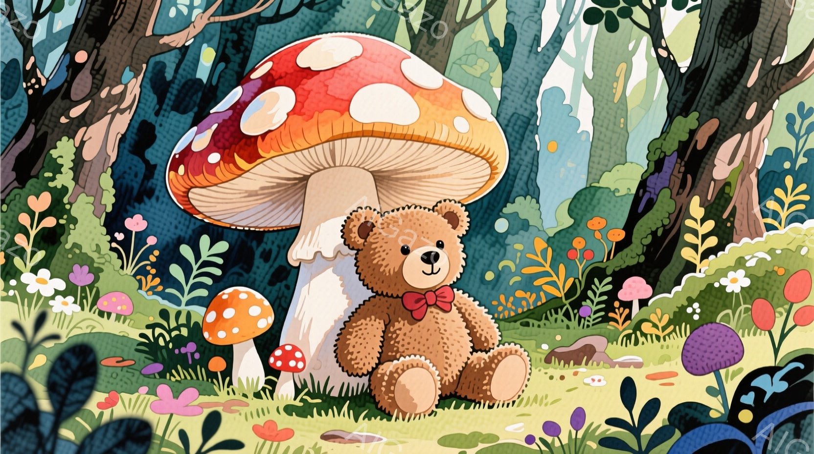 茶色のテディベアが、赤い水玉模様の大きなキノコのそばに座っています。リボンをつけており、穏やかな表情をしています。背景には、様々な色とりどりの小さなキノコや草花が生い茂り、緑豊かな森の雰囲気が表現され - AI生成フリー素材
