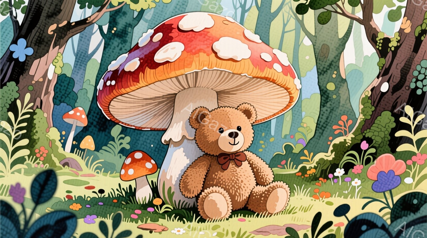 暖かく茶色いテディベアが、大きな赤い水玉模様のキノコの傘の下に座っています。ベアは小さな赤いリボンで結ばれており、穏やかな表情をしています。背景は緑豊かな草、色とりどりの花、そして他の小さなキノコで満 - AI生成フリー素材