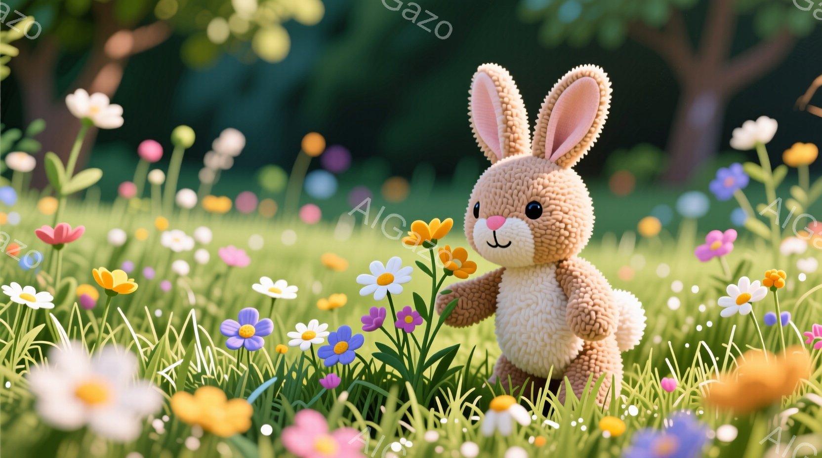 ふわふわの茶色のうさぎが、色とりどりの花が咲き乱れる草原の中にいます。うさぎは少し体をかがめて前を見つめ、可愛らしい表情をしています。背景には緑豊かな草と木々が見え、春の暖かく穏やかな雰囲気が漂ってい - AI生成フリー素材