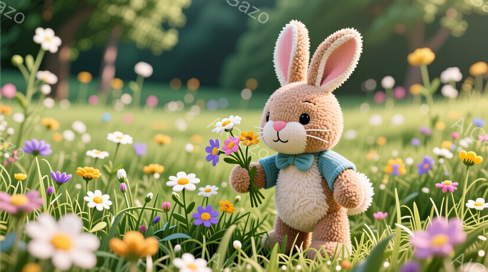 ふわふわの毛並みを持つうさぎが、色とりどりの花束を抱え、緑豊かな草原の中に立っています。うさぎは茶色のベストと水色のリボンタイを身につけ、穏やかな笑顔を浮かべています。背景には、鮮やかな野花が咲き乱れ、柔らかな光が差し込み、穏やかで牧歌的な雰囲気を醸し出しています。