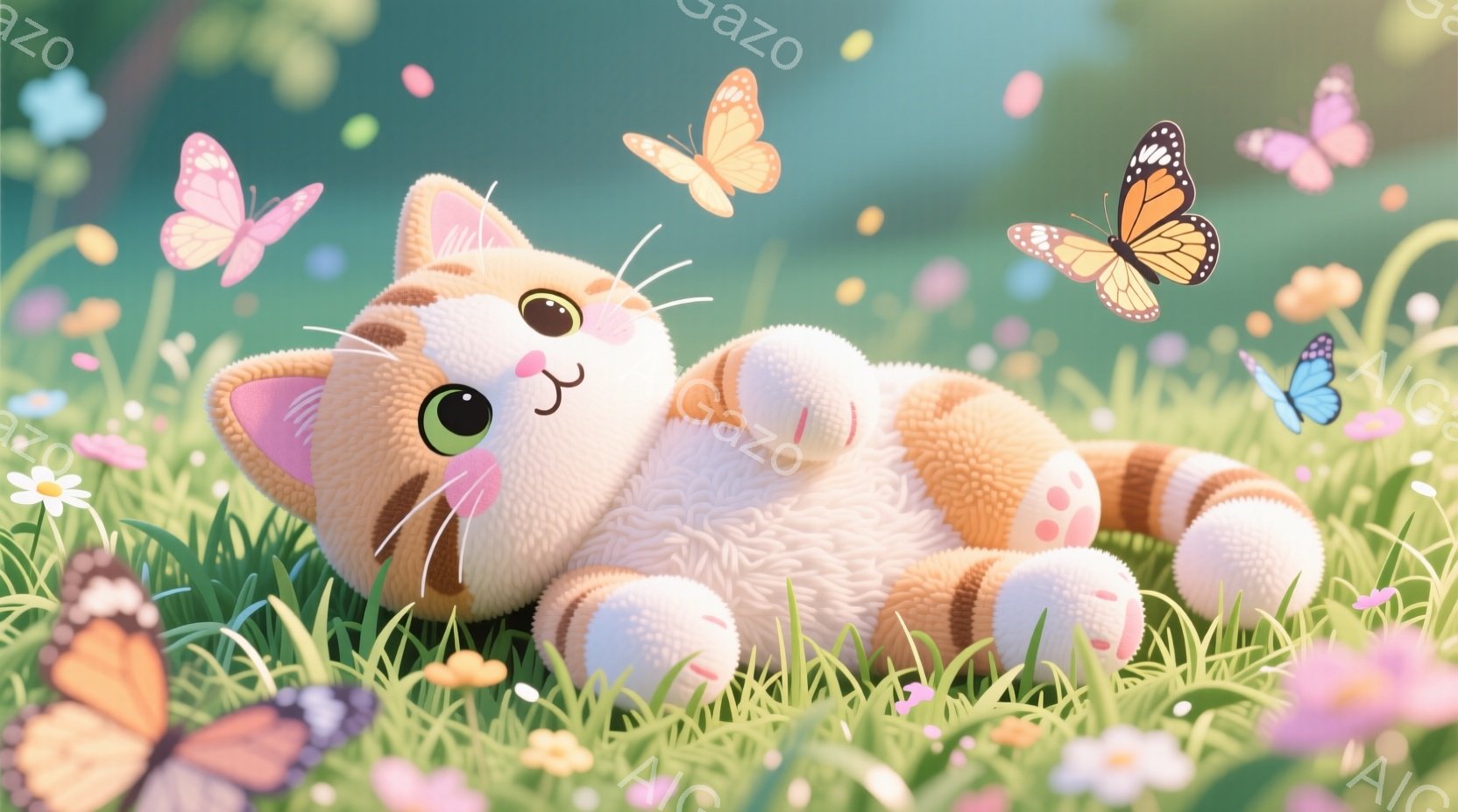 明るい緑の草の上に、縞模様のオレンジと白の猫が仰向けに寝そべっています。猫は大きく丸い目をして、幸せそうに微笑んでおり、周囲には色とりどりの蝶が舞っています。背景はぼやけた花々で埋め尽くされ、暖かく平和な春の日の雰囲気を醸し出しています。