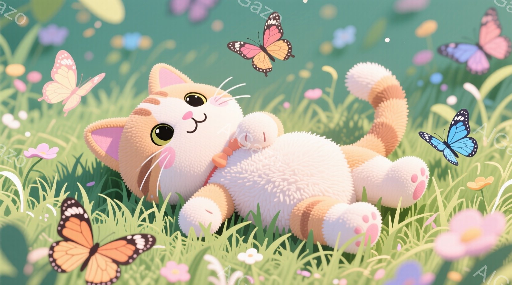 柔らかい毛並みを持つオレンジと白の猫が、緑豊かな草の上に仰向けに寝そべっています。周りには色とりどりの蝶が舞い、猫は穏やかな表情でリラックスした様子です。背景には、様々な花が咲き乱れ、暖かい春の日の穏やかな雰囲気を醸し出しています。