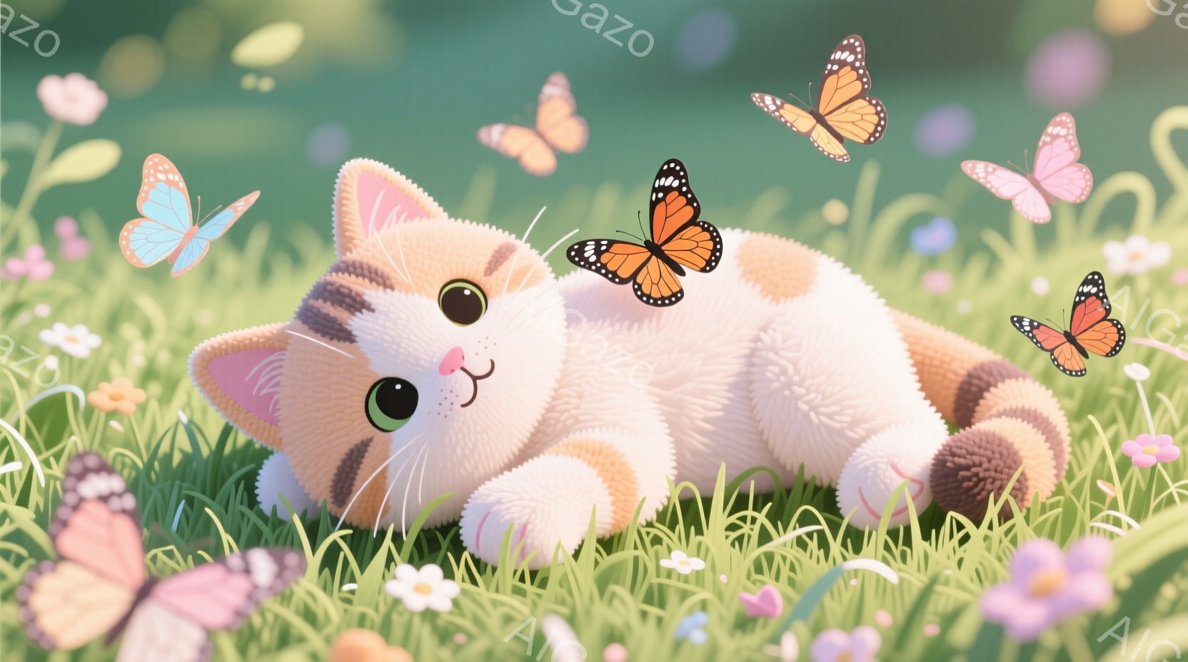 ふわふわとしたオレンジと白の縞模様の猫が、緑豊かな草の上に横たわっています。周りには色とりどりの蝶が舞い、猫はリラックスした表情で目を細めています。背景には小さな花々が咲き乱れ、暖かく穏やかな春の日の雰囲気を醸し出しています。