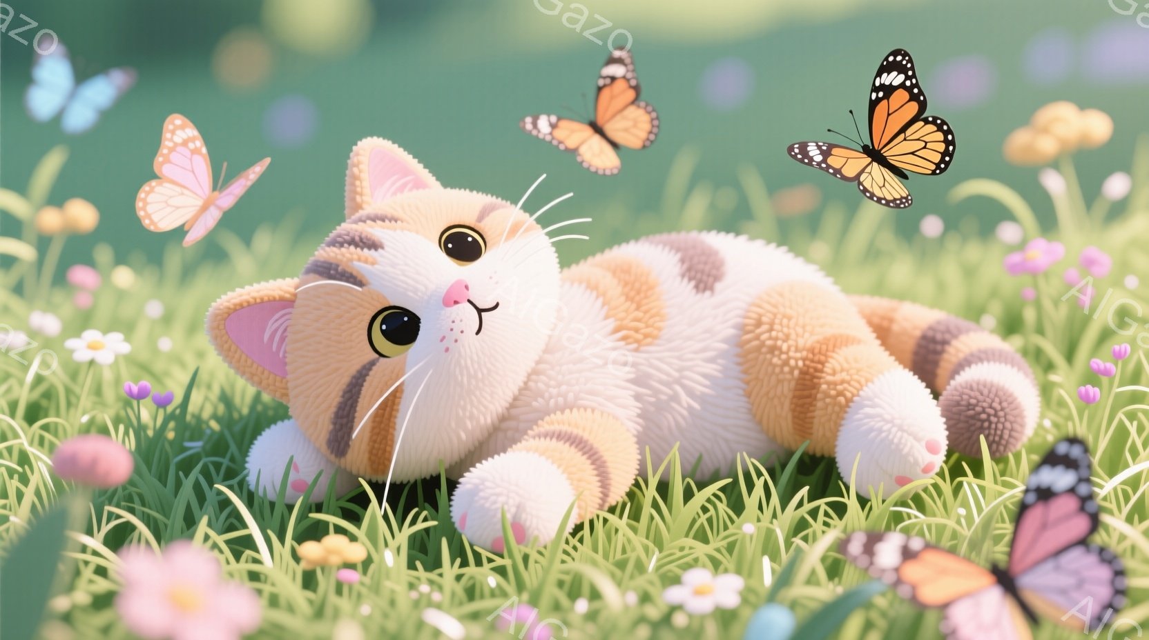 ふわふわのオレンジと白の縞模様の猫が、緑豊かな草むらの中に横たわっています。猫は目を少し閉じてリラックスした表情で、周囲を舞う色とりどりの蝶を眺めているようです。背景には、ピンクや黄色の小さな花が咲き乱れ、穏やかで夢幻的な雰囲気を醸し出しています。