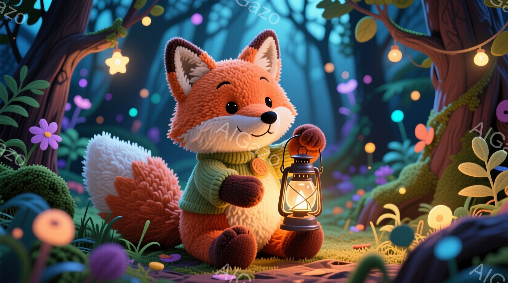 明るいオレンジ色の毛並みを持つキツネが、緑色のセーターを着て、片手にランタンを持っています。背景には、紫やピンクの花が咲き乱れ、苔むした丸太や木々が幻想的な森の雰囲気を醸し出しています。全体的に温かく - AI生成フリー素材
