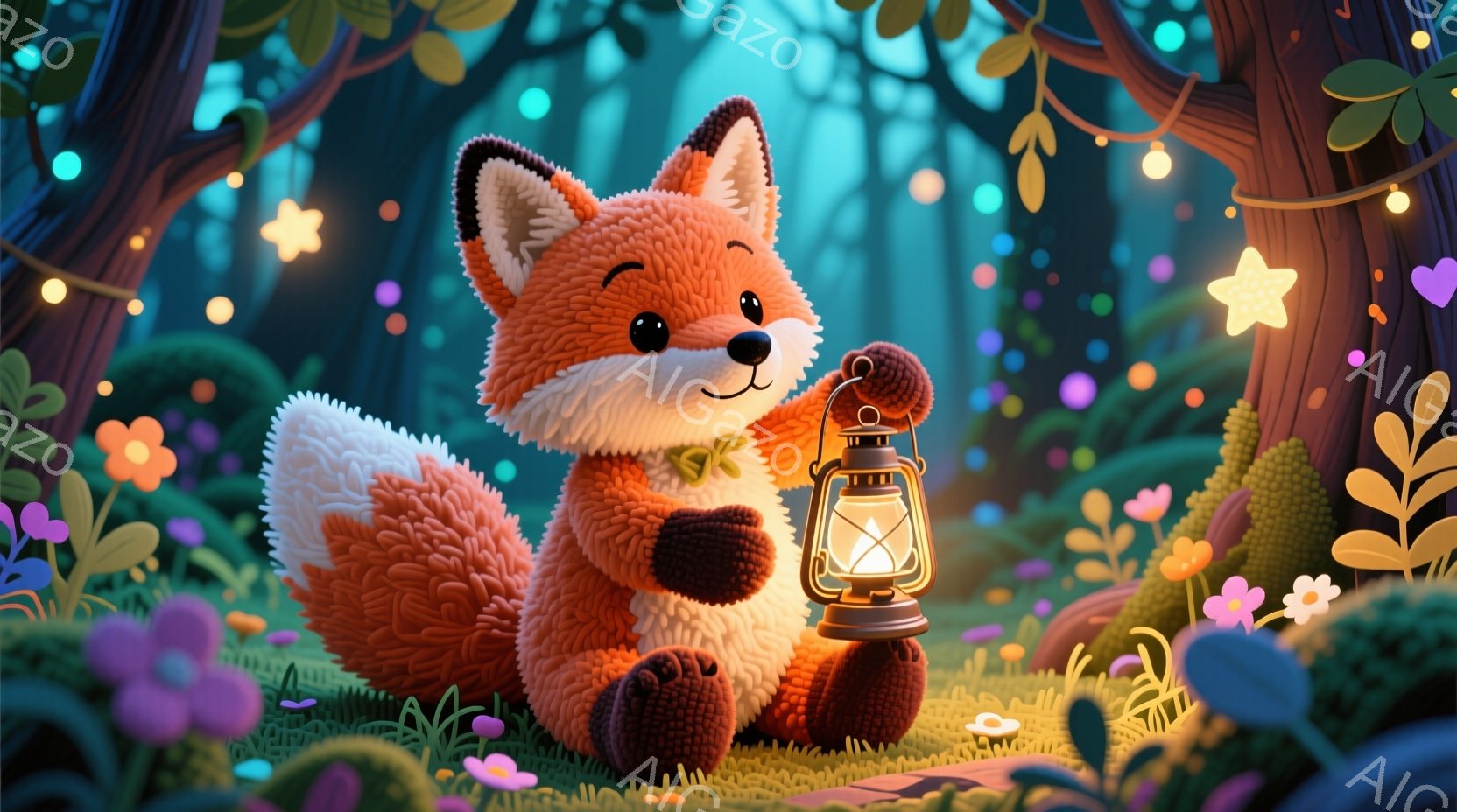 ふわふわとしたオレンジ色のキツネが、緑色の蝶ネクタイをつけ、片手に光るランタンを持っています。キツネは少し微笑んでおり、優しい表情をしています。背景は緑豊かな森で、様々なカラフルな花々が咲き乱れ、星形 - AI生成フリー素材
