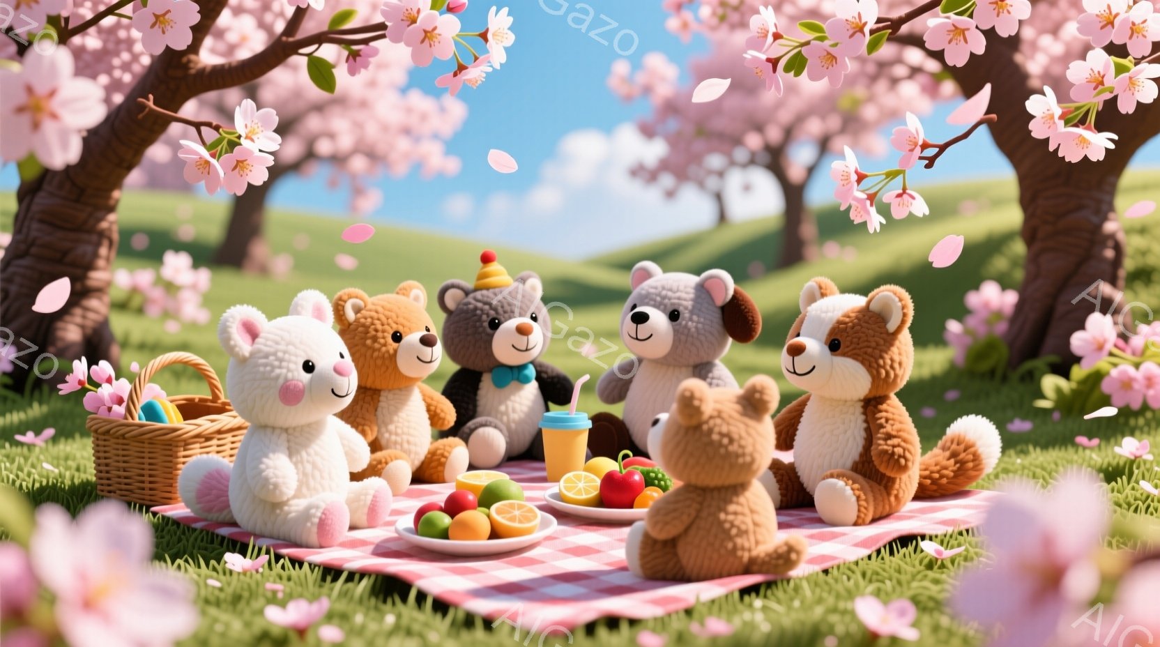 桜の木の下の芝生の上で、可愛らしいテディベアたちがピクニックを楽しんでいます。白、茶色、黒など様々な色のベアたちが、チェック柄の敷物の上に座り、果物や飲み物を囲んでいます。背景にはピンク色の桜の花びらが舞い、暖かく穏やかな春の雰囲気が漂っています。