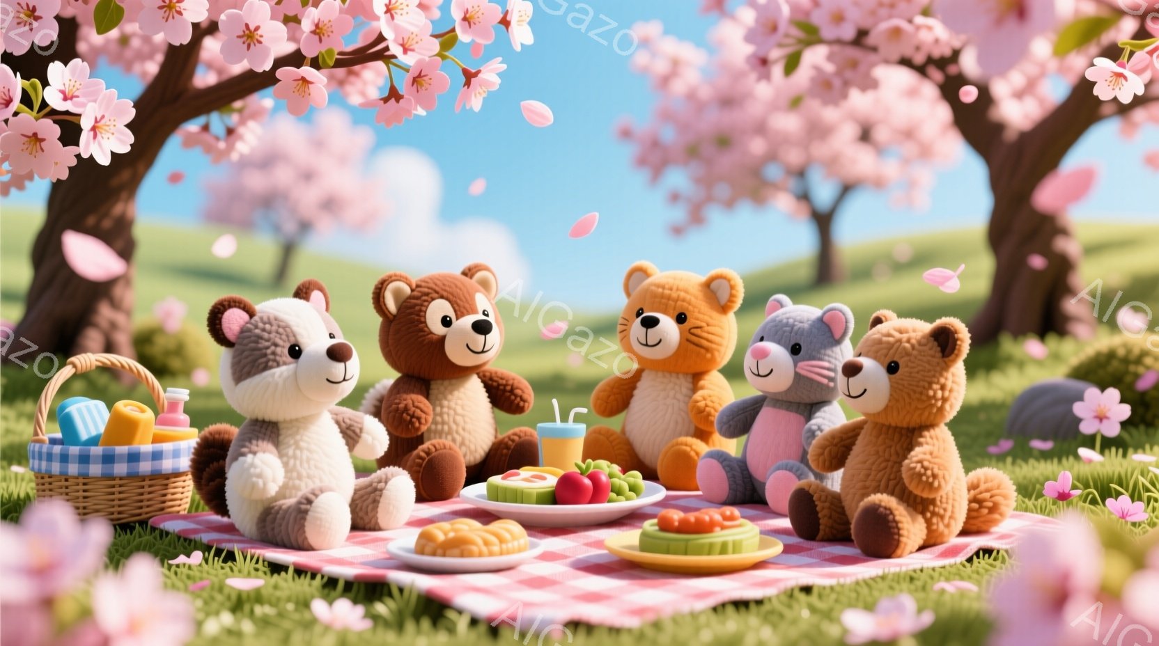柔らかい毛並みのクマたちが、ピンク色のチェック柄のピクニックシートの上でピクニックを楽しんでいます。様々な毛色のクマたちは、楽しそうな表情で座っており、前に置かれたバスケットや食べ物（パン、フルーツ、飲み物）に興味津々です。背景には桜の木が咲き誇り、ピンク色の花びらが舞い、春の暖かく穏やかな雰囲気を演出しています。
