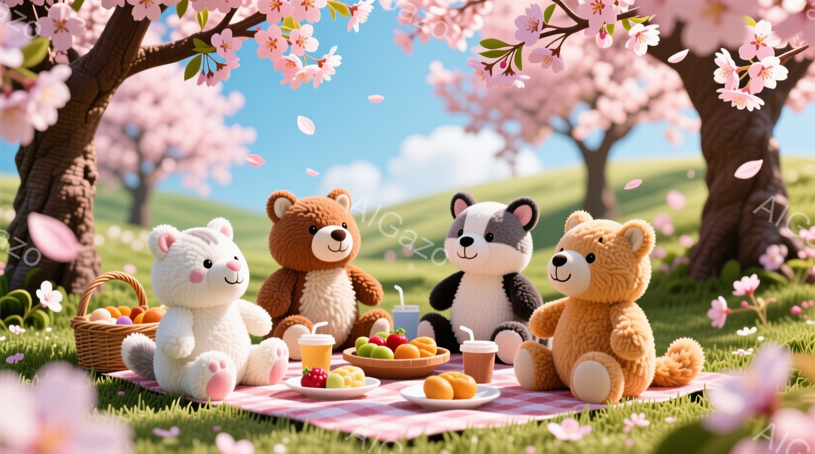 桜の木の下でピクニックを楽しんでいるテディベアたちが描かれています。白、茶色、黒、そして明るい茶色の四匹のクマは、赤いチェックの敷物の上に座り、バスケットに入った果物や飲み物を囲んでいます。背景には緑 - AI生成フリー素材