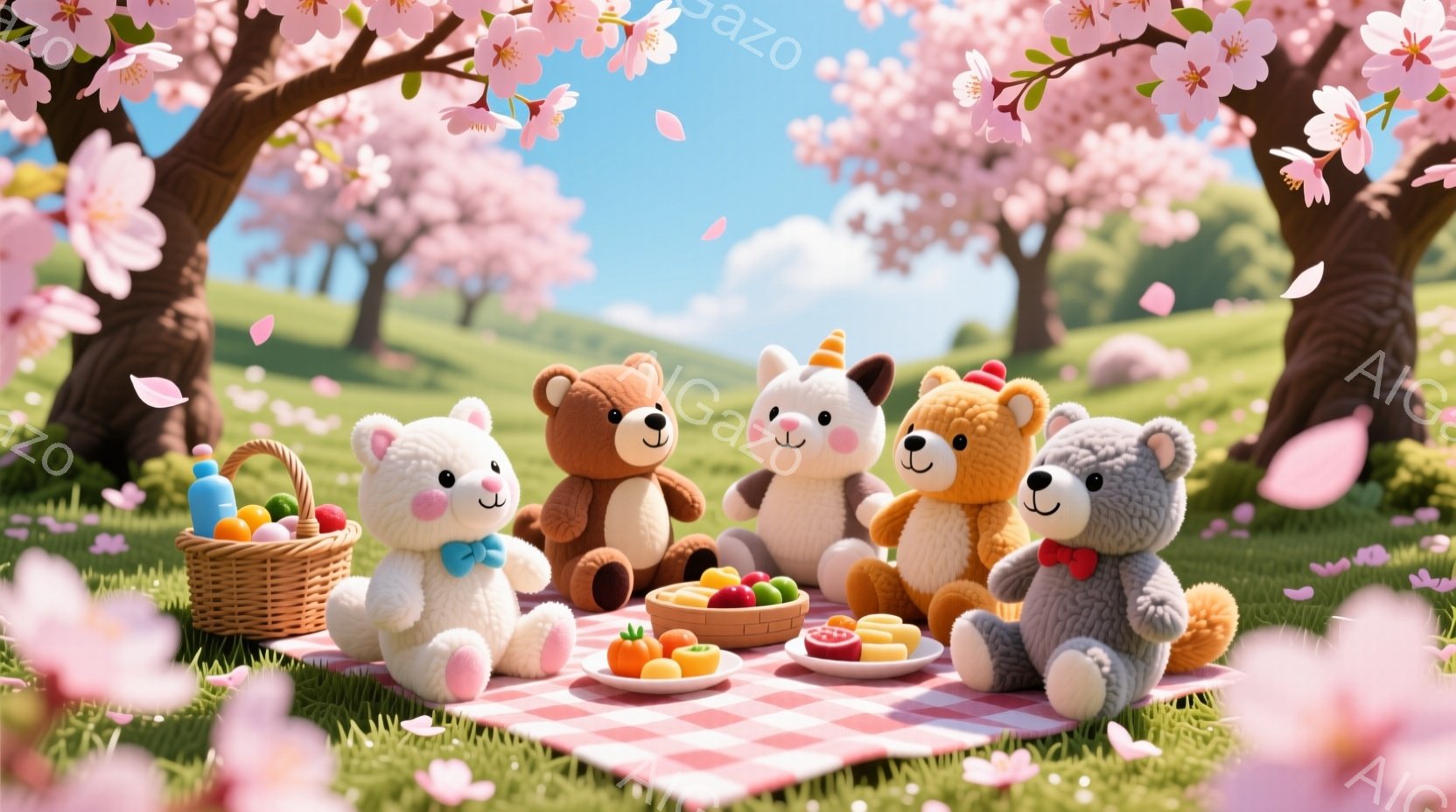 桜並木の緑豊かな草原で、可愛らしいテディベアたちがピクニックを楽しんでいます。それぞれ異なる色と模様を持ち、赤いチェックのブランケットを囲んで座り、バスケットに入った果物や飲み物を楽しんでいるようです。背景には桜の木々が咲き誇り、暖かく穏やかな春の雰囲気を醸し出しています。