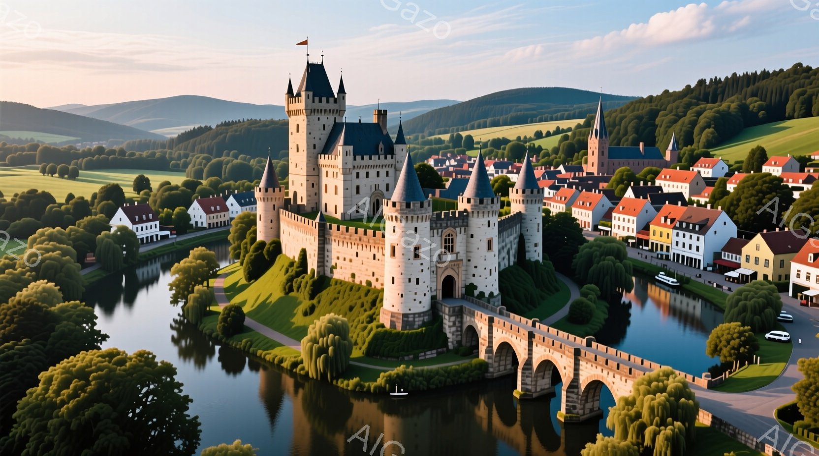 中世の城塞が小川に囲まれた街並みを背景にそびえ立っています。城は白とグレーの石造りで、塔や壁が複雑に組み合わされており、橋が川を横断して城へと繋がっています。周囲には緑豊かな木々や可愛らしい家々が並び - AI生成フリー素材