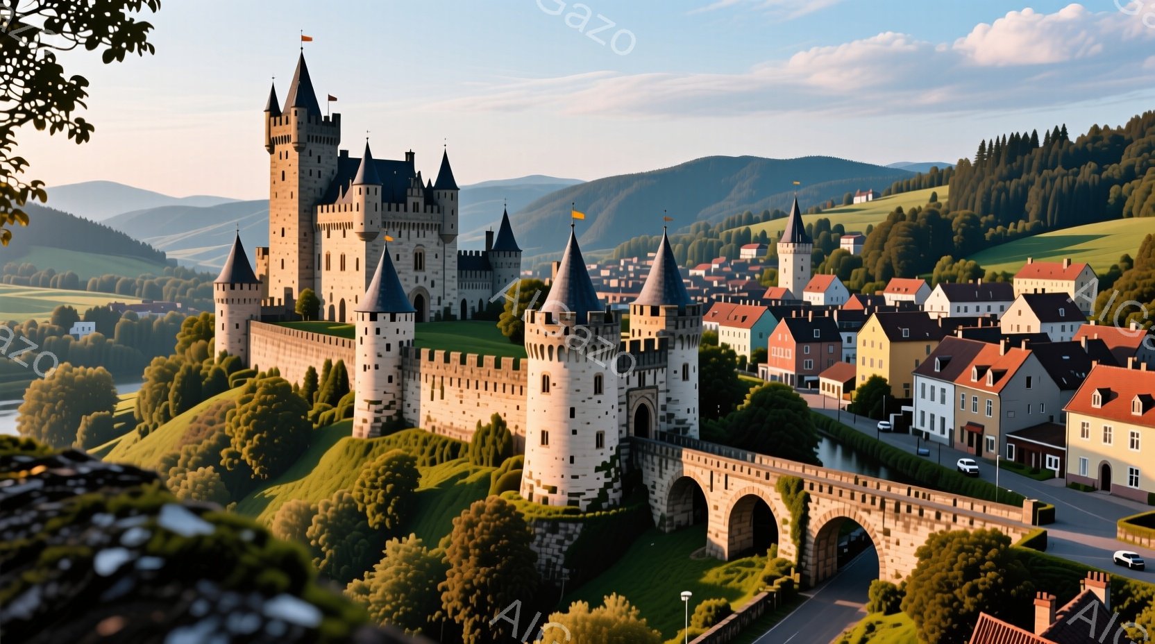 丘の上にそびえ立つ壮大な城が印象的な風景です。城は灰色と白の石造りで、複数の塔とアーチ状の橋で構成されており、中世ヨーロッパの雰囲気を醸し出しています。背景には緑豊かな丘陵と可愛らしい家々が広がり、穏やかな天候のもと、まるで絵画のような美しい光景です。