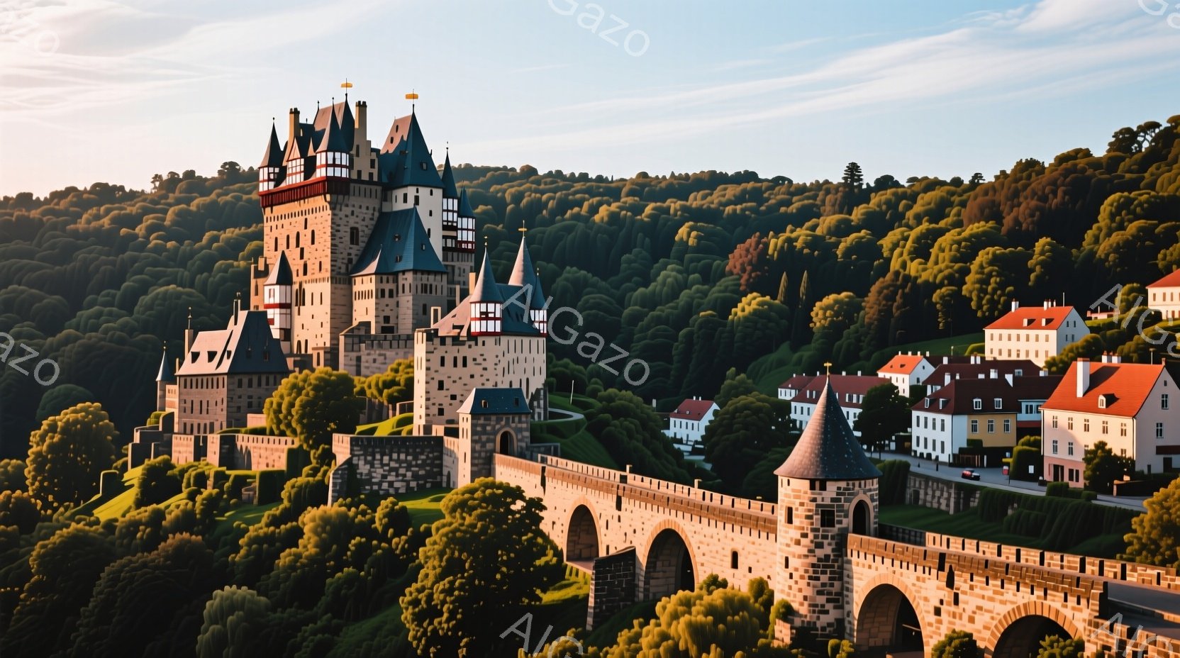 中世の城塞が緑豊かな丘陵地帯にそびえ立ち、その姿は壮観です。石造りのアーチ橋が城塞へとつながり、小さな町並みがその麓に広がっています。温暖な日差しが降り注ぎ、静かで平和な雰囲気を醸し出しています。 - AI生成フリー素材