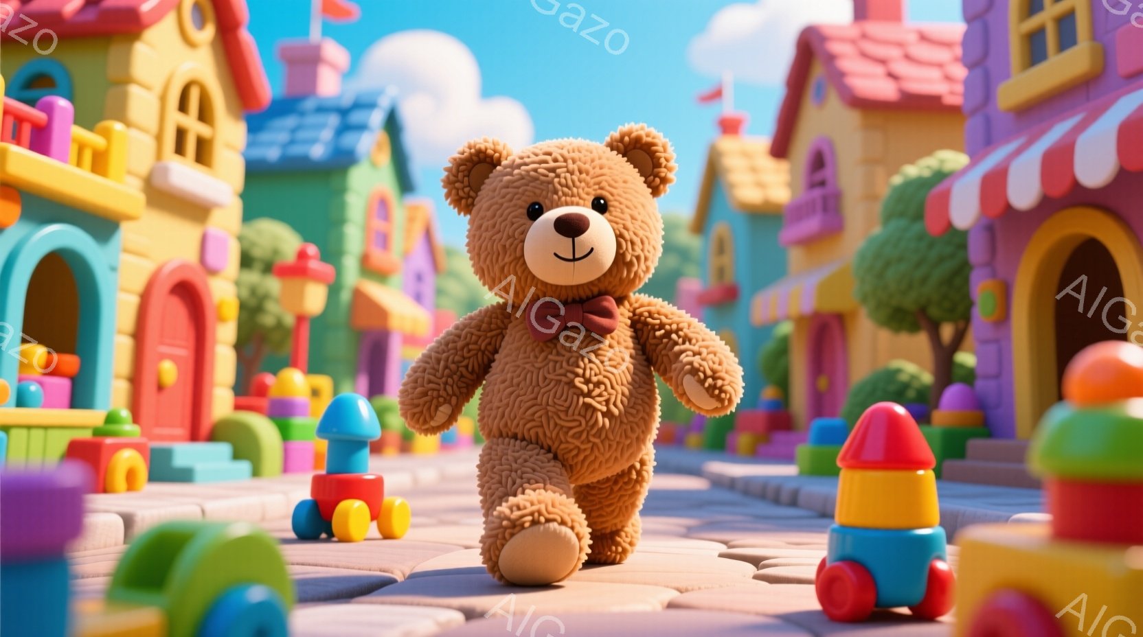柔らかい茶色のテディベアが、おもちゃのようなカラフルな街路を歩いています。ベアは赤いリボンを首に巻き、前足を少し上げて、楽しそうに歩いています。背景には、鮮やかな色の家々や積み木、そして緑の茂みが並び - AI生成フリー素材