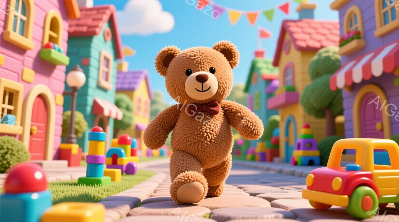 ぬいぐるみのような茶色のクマが、レンガ造りの道を進んでおり、赤いリボンをつけています。背景にはカラフルな積み木と、おもちゃの車が散らばり、パステルカラーの可愛らしい建物が並んでいます。全体的に明るく、 - AI生成フリー素材