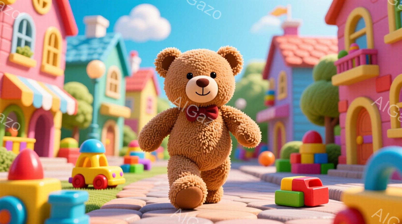明るい茶色のテディベアが、おもちゃのようなカラフルな街路を歩いています。赤いリボンを首に結び、楽しげな表情を浮かべています。背景には、パステルカラーの建物や積み木、青空が広がり、子供らしい暖かく遊び心 - AI生成フリー素材