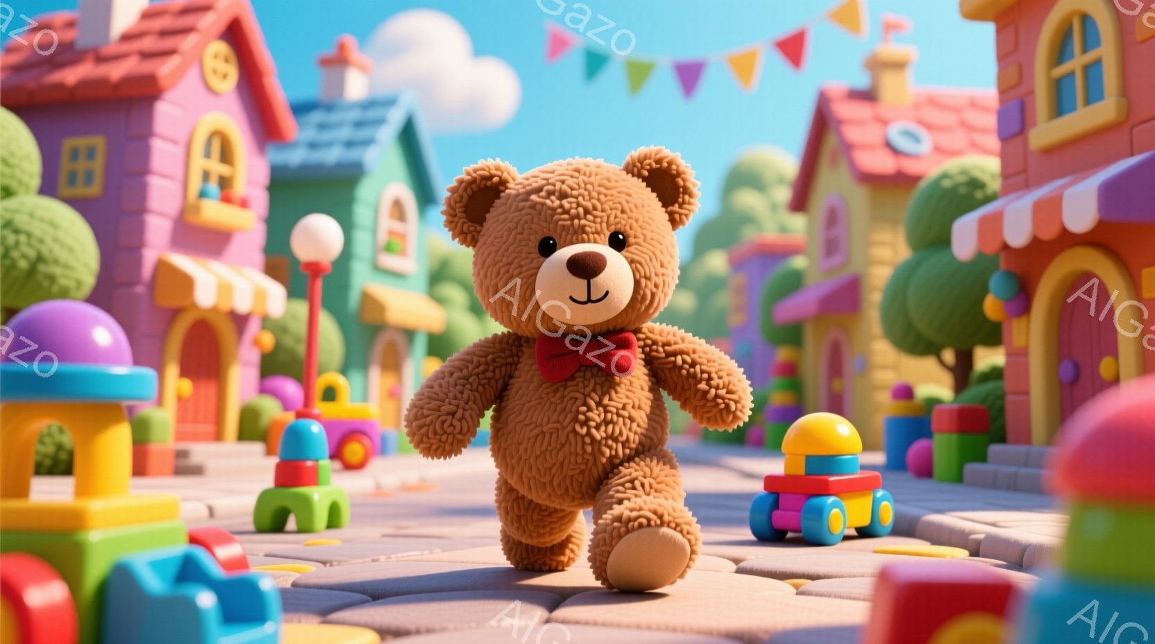 茶色いテディベアが、カラフルな街並みを歩いています。ベアは赤いリボンで首を飾り、愛らしい表情をしています。背景には、おもちゃのような建物や緑の木々が並び、晴れた空の下で温かく、遊び心のある雰囲気を醸し - AI生成フリー素材