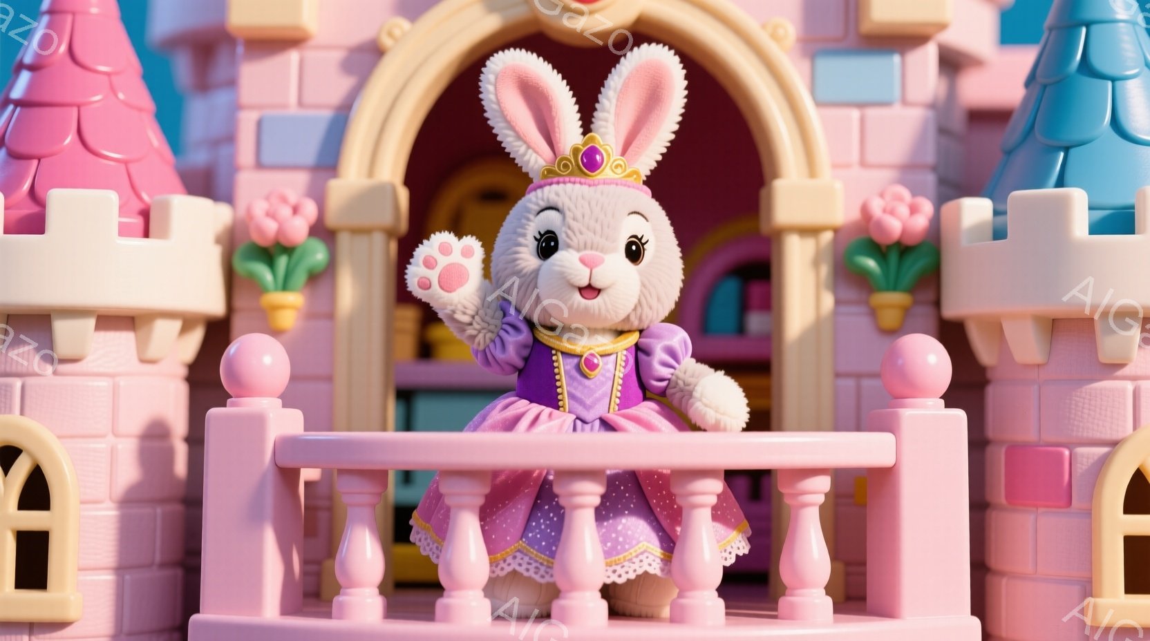 ピンク色の可愛らしいお城のバルコニーに、ウサギのキャラクターが立っています。紫色のドレスに王冠をつけ、片手を上げて笑顔でポーズをとっています。背景には、ピンクや水色の塔がそびえ立ち、花が飾られており、 - AI生成フリー素材