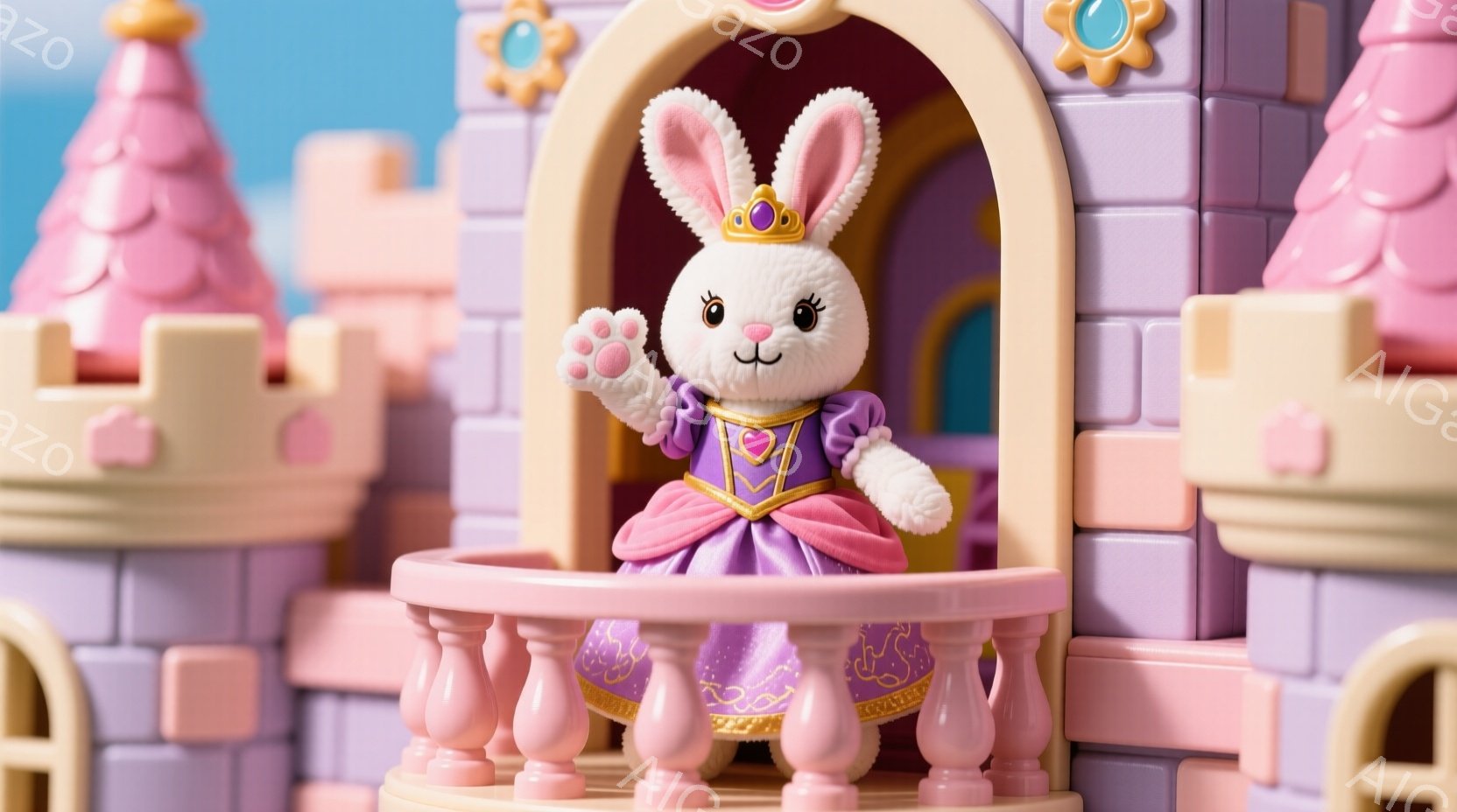 白いウサギのキャラクターが、ピンクと紫色の可愛らしいお城のバルコニーに立っています。紫色のドレスに身を包み、頭には金色の王冠をつけて、片手を上げて優雅に微笑んでいます。背景にはパステルカラーのお城の塔 - AI生成フリー素材