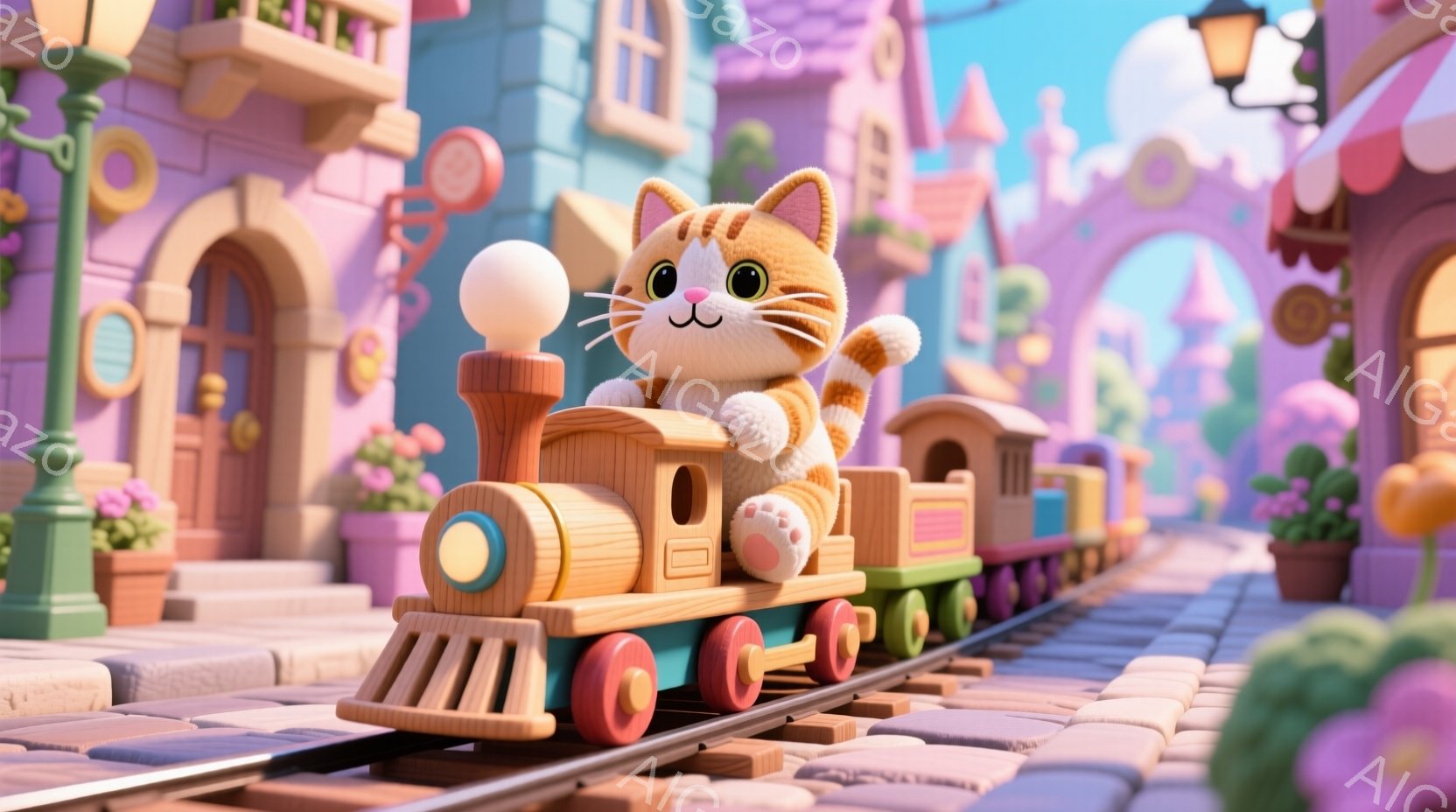 明るい色彩で描かれた、かわいらしい猫が蒸気機関車の運転手をしている様子が描かれています。猫はクリーム色の毛並みで、ピンク色の小さな手袋と靴を履き、笑顔で運転席から手を振っています。背景には、パステルカラーの建物が並び、花壇や木々が彩り豊かに配置され、暖かく夢のような雰囲気を作り出しています。