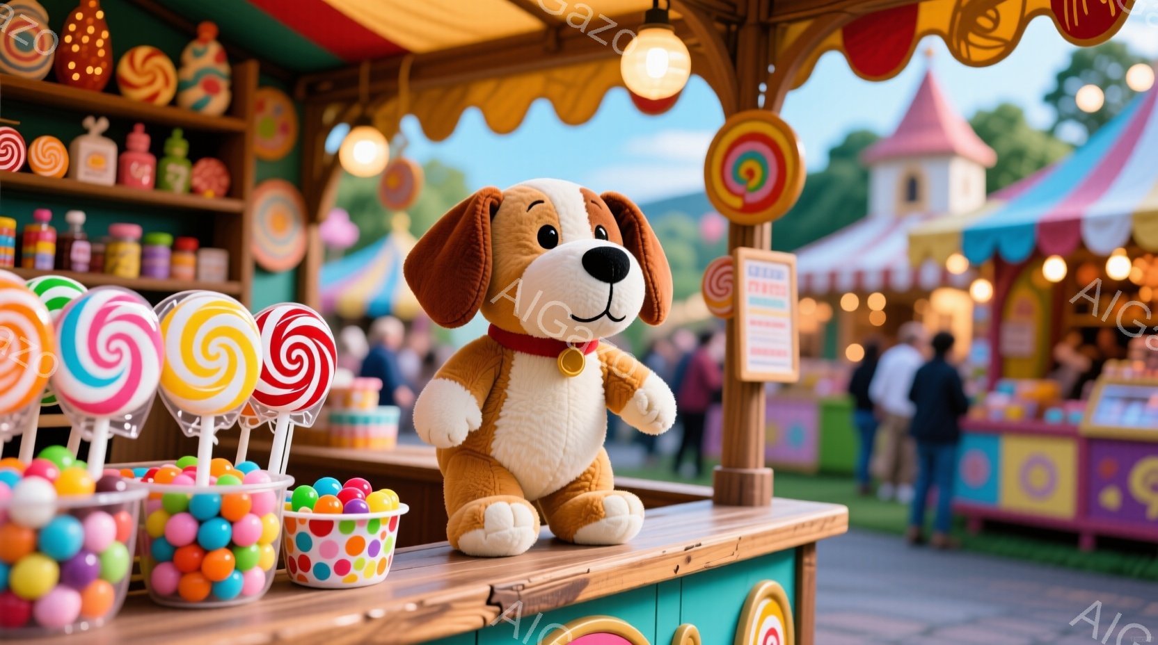 カラフルなキャンディーが並んだ屋台のカウンターの上に、愛らしい犬のぬいぐるみが座っています。背景には、カラフルな屋台が並び、遠くには緑豊かな木々が見え、賑やかなお祭りや遊園地の雰囲気が漂っています。全 - AI生成フリー素材