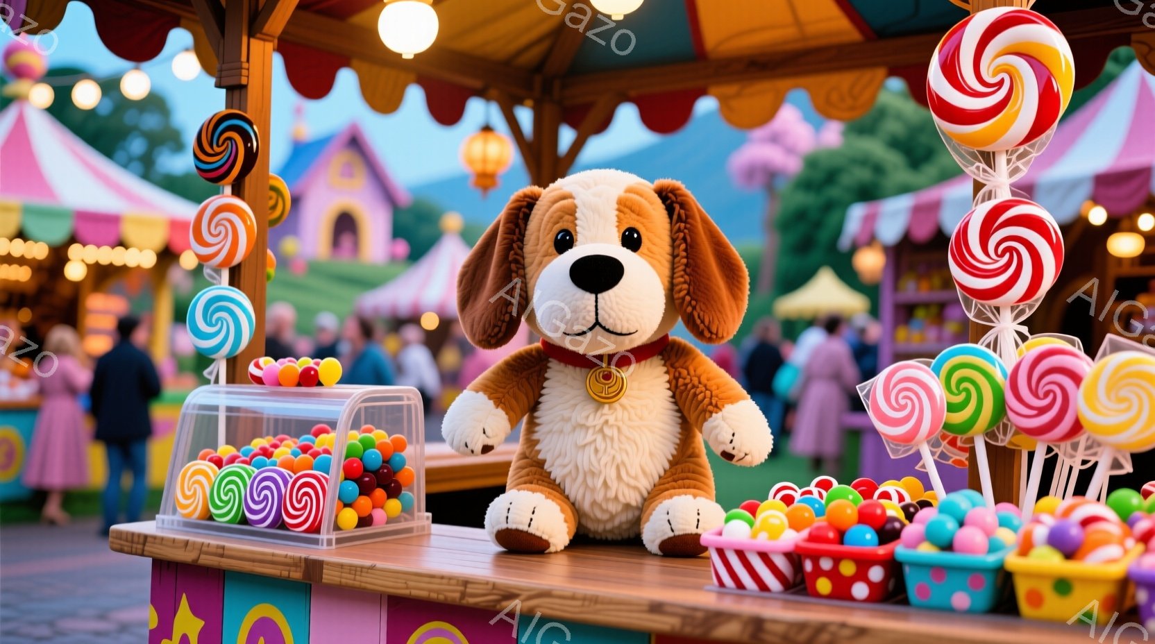 カラフルなキャンディが並ぶ屋台の前に、可愛らしい犬のぬいぐるみがお座りしています。背景には遊園地の建物や人々が見え、晴れた空の下、お祭り騒ぎの賑やかな雰囲気が漂っています。鮮やかな色彩と暖かな光が、楽 - AI生成フリー素材