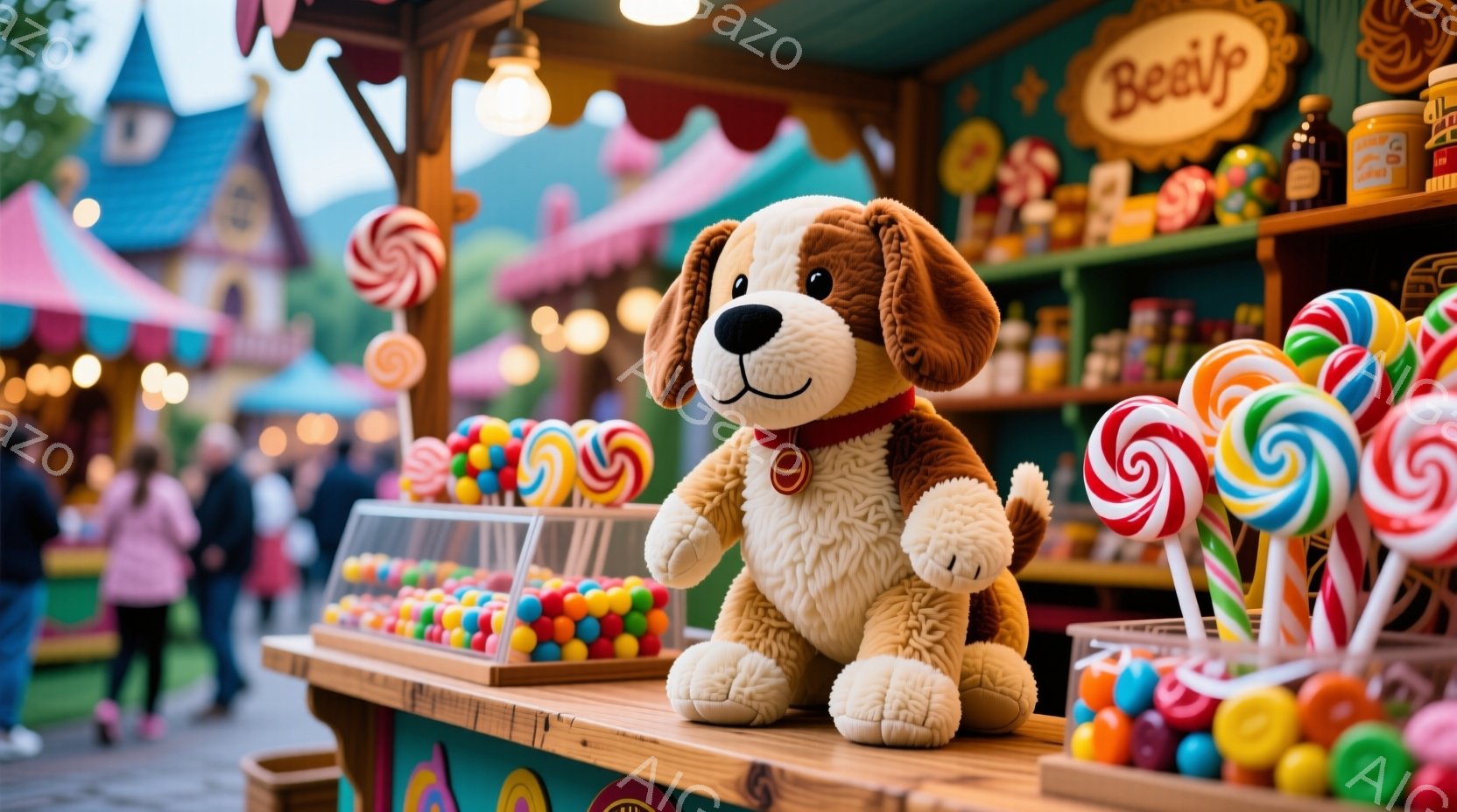カラフルなキャンディが並んだお店のカウンターに、茶色と白のぬいぐるみ犬が座っています。背景には、おとぎ話のようなカラフルな建物や人々が見え、楽しいお祭りの雰囲気が漂っています。暖色系の照明と明るい色彩が、親しみやすく温かい印象を与えます。